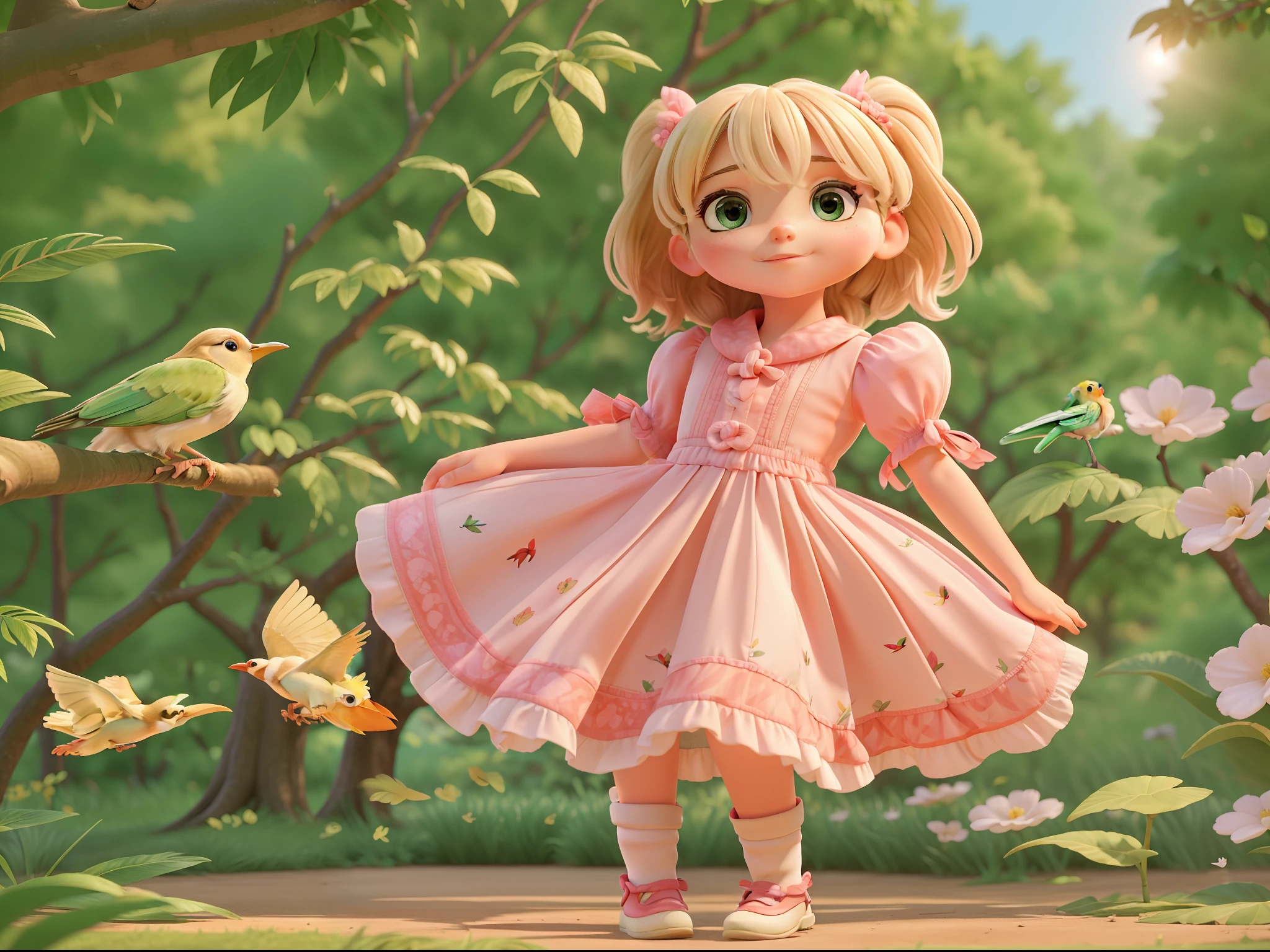 (girl looking birds in the 5 beautiful trees), (extremely detailed CG 8k wallpaper unit, best quality, masterpiece), high resolution, beautiful and stunning, amazing colors, (1girl), watching birds on a large tree, large trees with lush leaves, (many colorful birds: 1.2, 3, 4), calm and peaceful environment, morning light, fresh air, sound of nature. Girl looking birds in beautiful trees