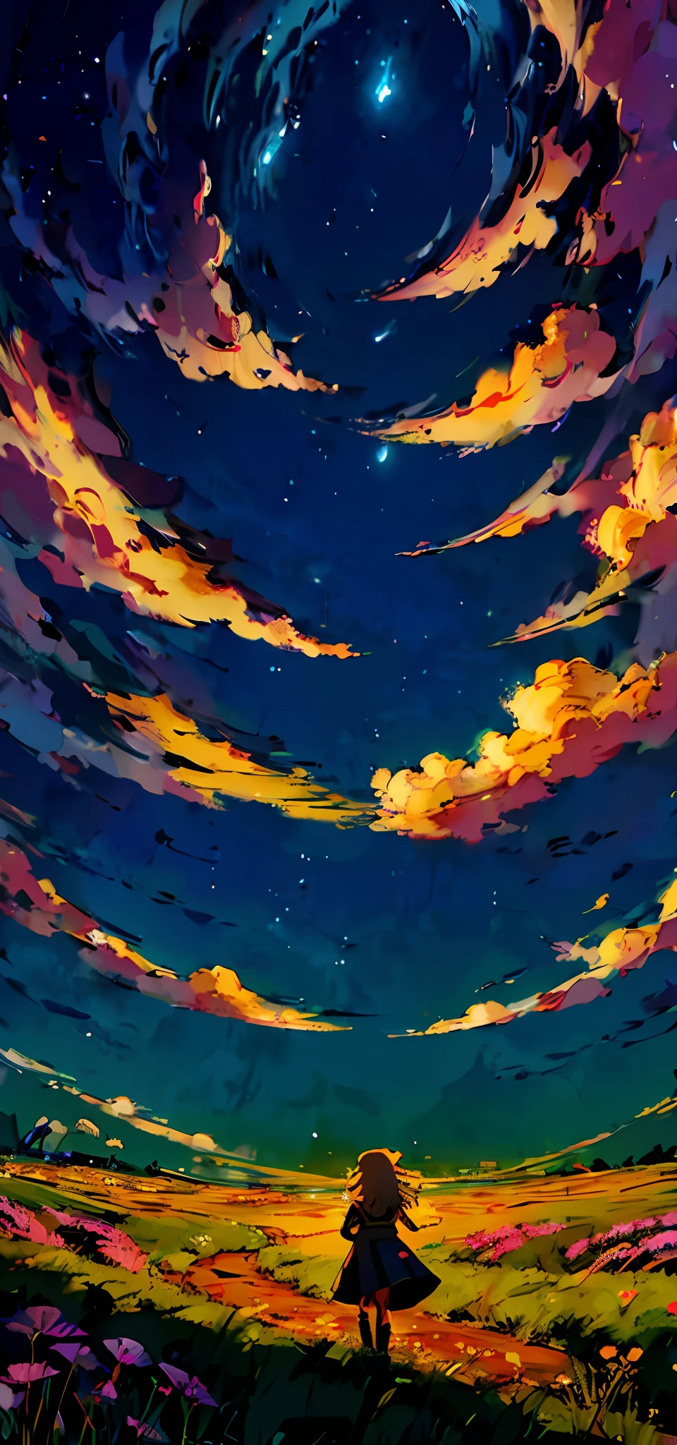 anime style painting of a woman walking in a field with a star in the sky, calm night. digital illustration, jen bartel, background artwork, 4 k hd illustrative wallpaper, anime background art, detailed sky, background art, low detailed. digital painting, detailed digital painting, anime art wallpaper 4 k, anime art wallpaper 4k, anime background, glowing clouds