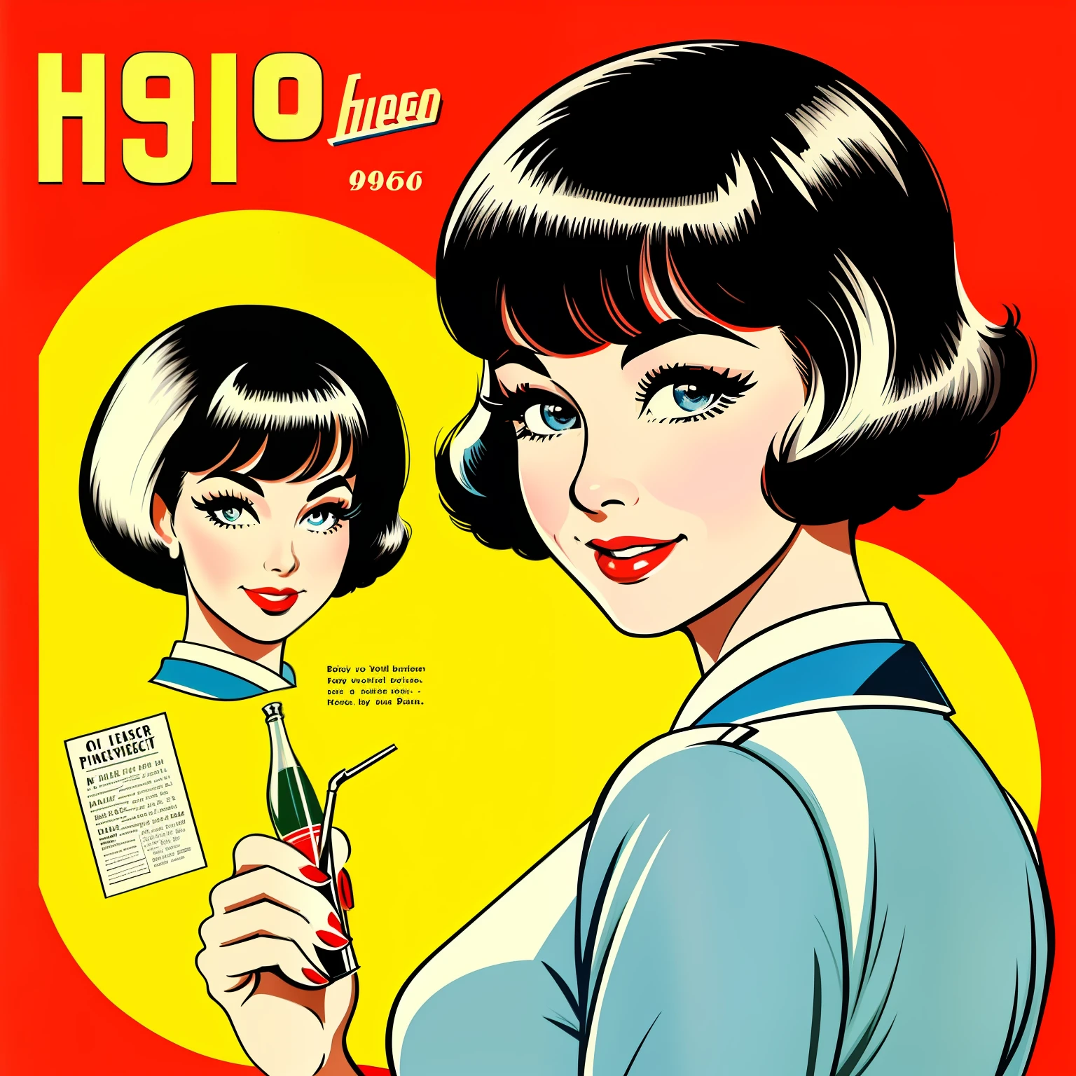 a close up of a poster with a woman's hair cut, 1950s illustration style, 1960s advertisement, retro ad, 1 9 4 0 s haircut, 1960s illustration, wig, betty page fringe, retro illustration, retro 5 0 s style, vintage magazine illustration, magazine advertisement, 1 9 6 0 cartoon style