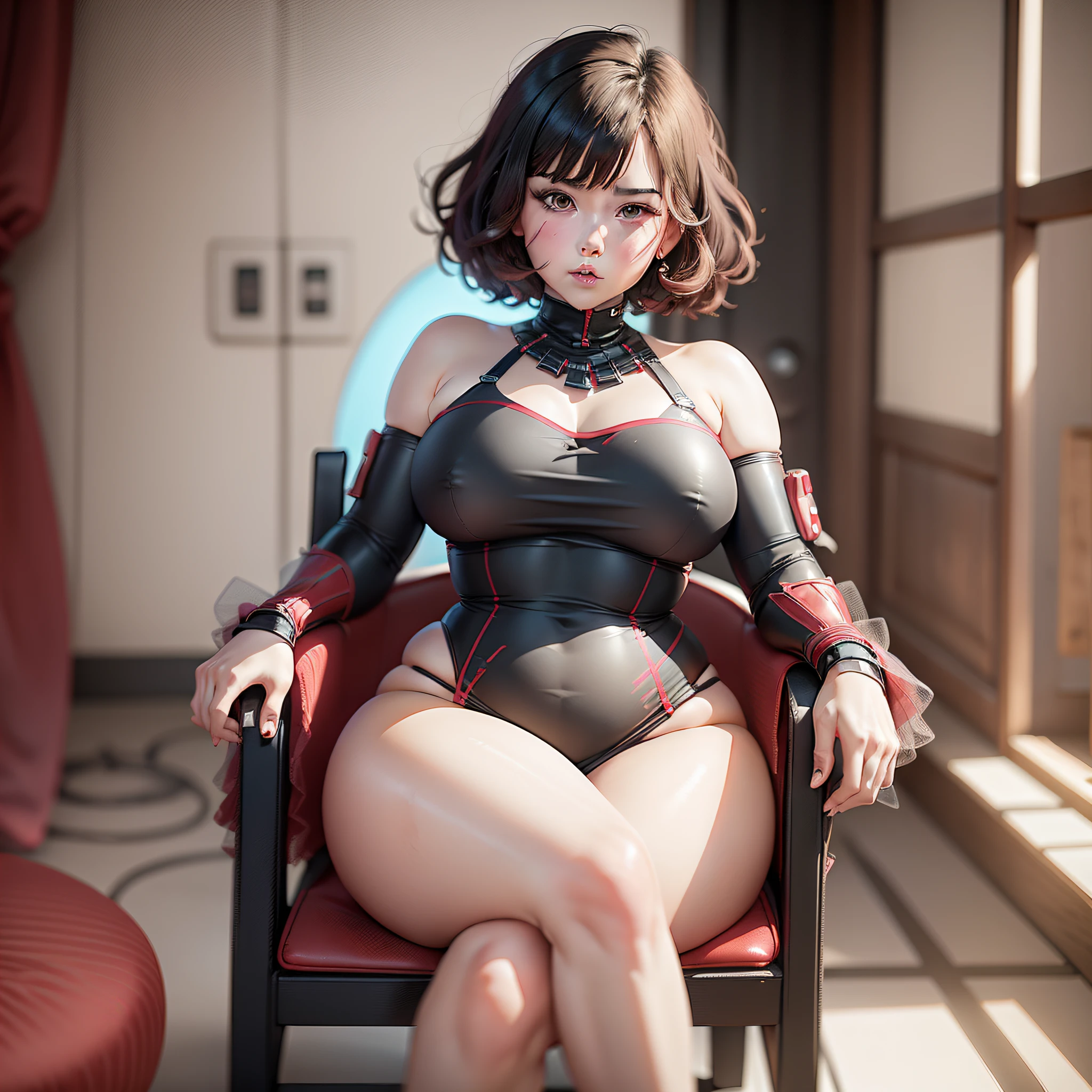 A Cute Girl with white skin, sexy young body, size (small), chubby, short hair (up to the shoulders) red and wavy [with black tones], shades of red [bright], bbwchan, big breasts, black clothes (yor forger costume), round face, sitting in a chair, realistic lighting, Radiosity, in a room, Close Up.