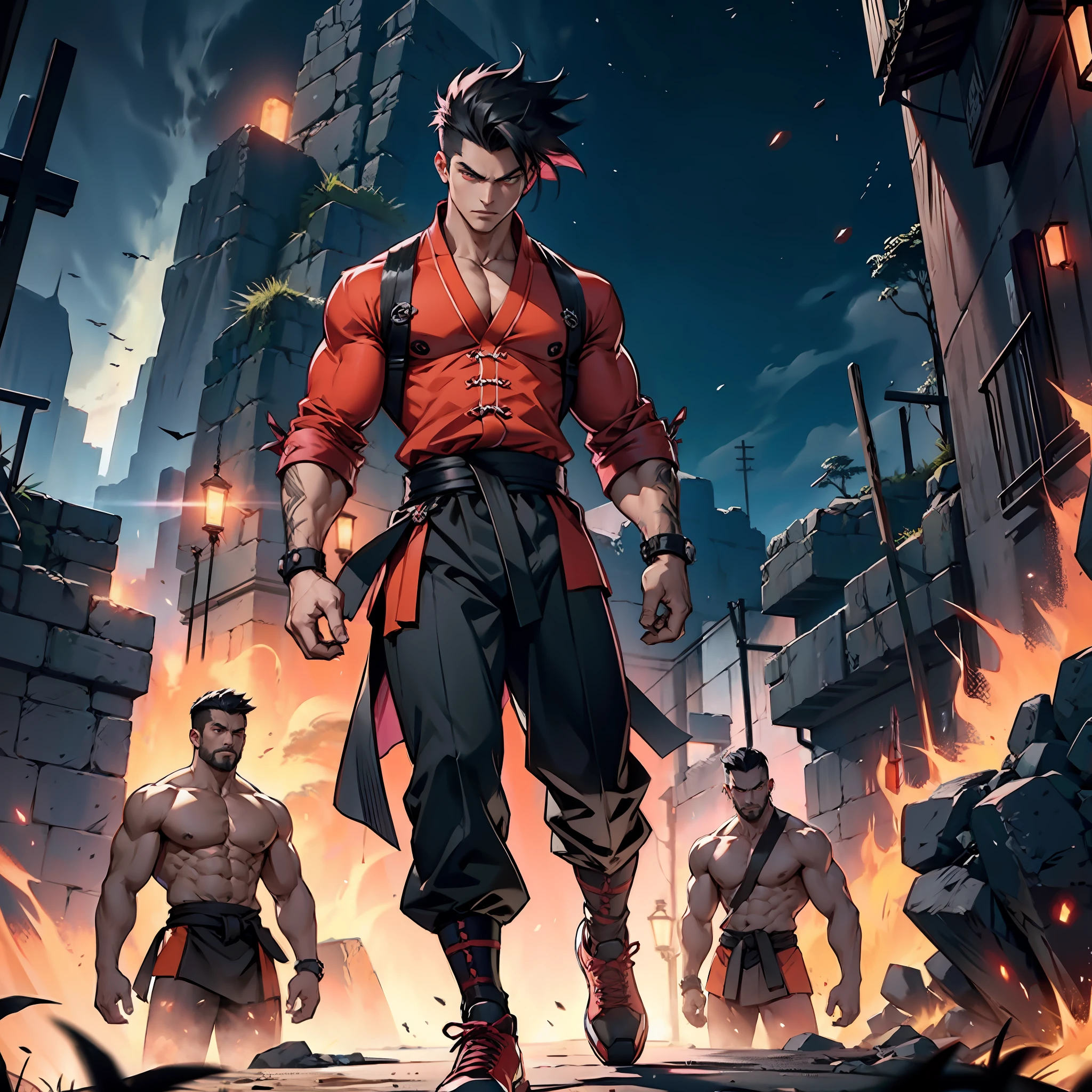 Muscular man, defined body, developed body, kung fu fighter, red blouse with buttons, long black pants of black color, black belt at the waist, spiky hair, short hair of black color (hair with pink locks at the ends), fighter's shoes, serious look, orange colored eyes, ancient kingdom, near a crater, night scene, alone, walking on his back.