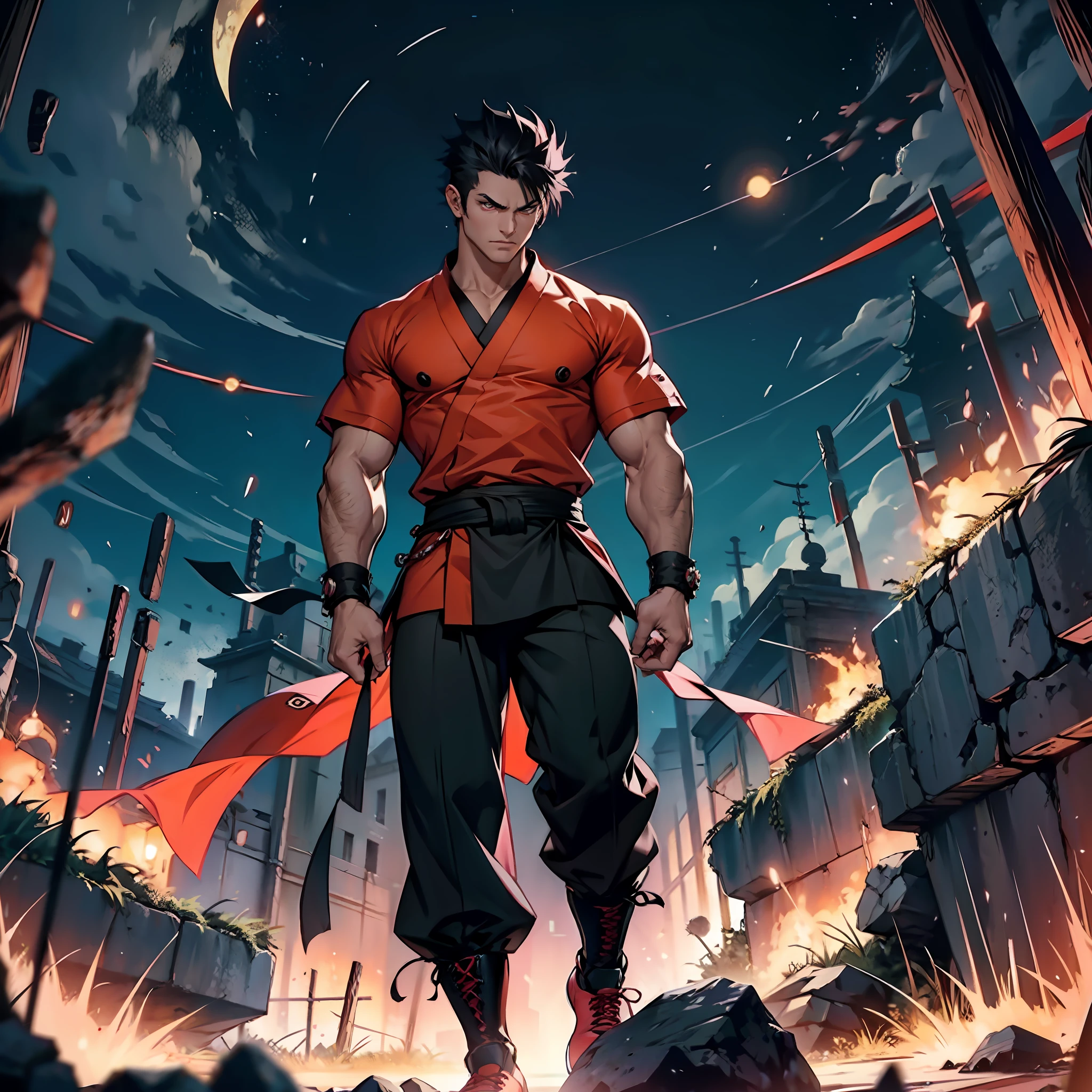 Muscular man, defined body, developed body, kung fu fighter, red blouse with buttons, long black pants of black color, black belt at the waist, spiky hair, short hair of black color (hair with pink locks at the ends), fighter's shoes, serious look, orange colored eyes, ancient kingdom, near a crater, night scene, alone, walking on his back.