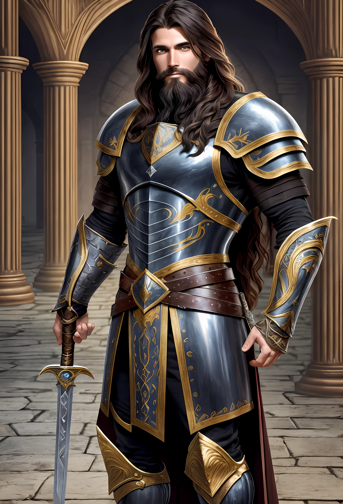 Human middle age, male warrior, 25 years old, handsome male, toned muscles, beard, long hair, beaten chorus armor, dagger in right hand, full body portrait, fantasy setting, castle background, Renaissance style, black hair, suggestive smile --auto --s2