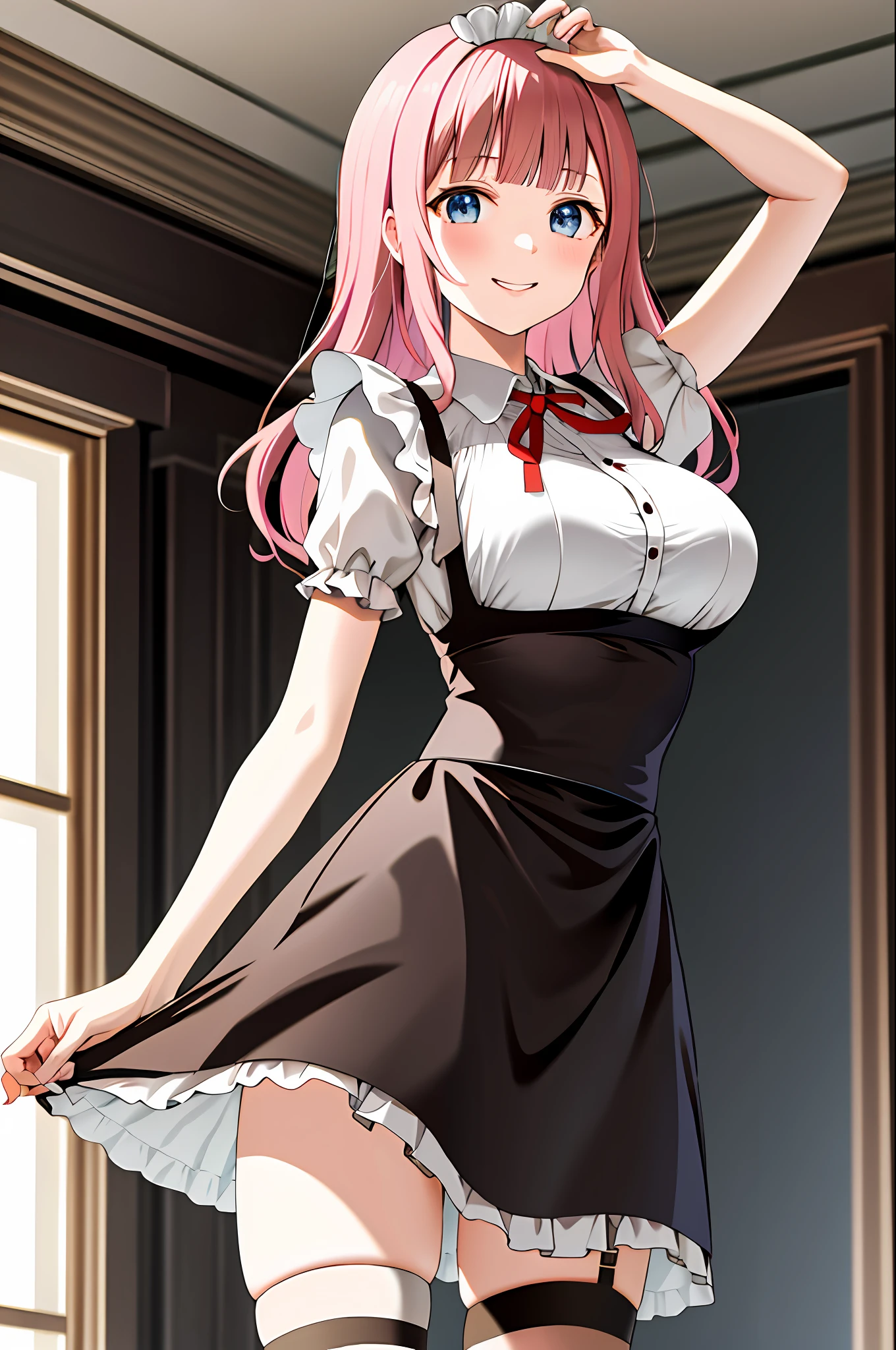 masterpiece, best quality, highres, chika1, fujiwara chika, maid dress, breasts, red ribbon, blunt bangs, large breasts, cowboy shot, smile, indoors, sexy pose, breast out, 2 arms, perfect finger, maid, meidofuku, black maid dress, appron, maid appron, mini skirt, garter strap, stocking,