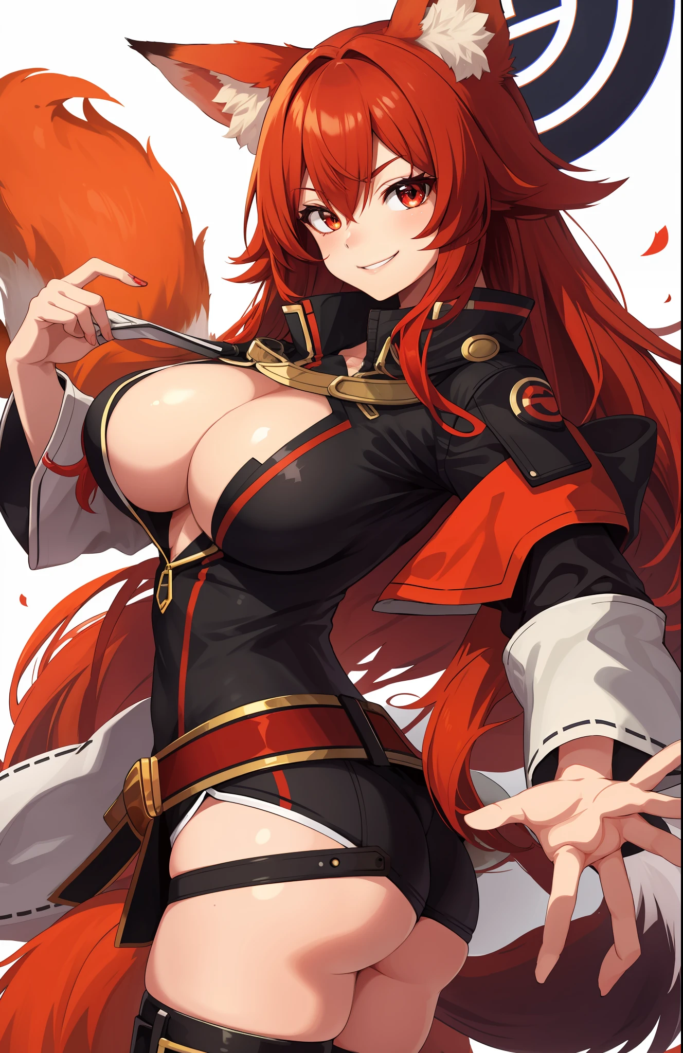 1woman, smug, fox ears, fox tail, red hair, red eyes, big boobs, big butt