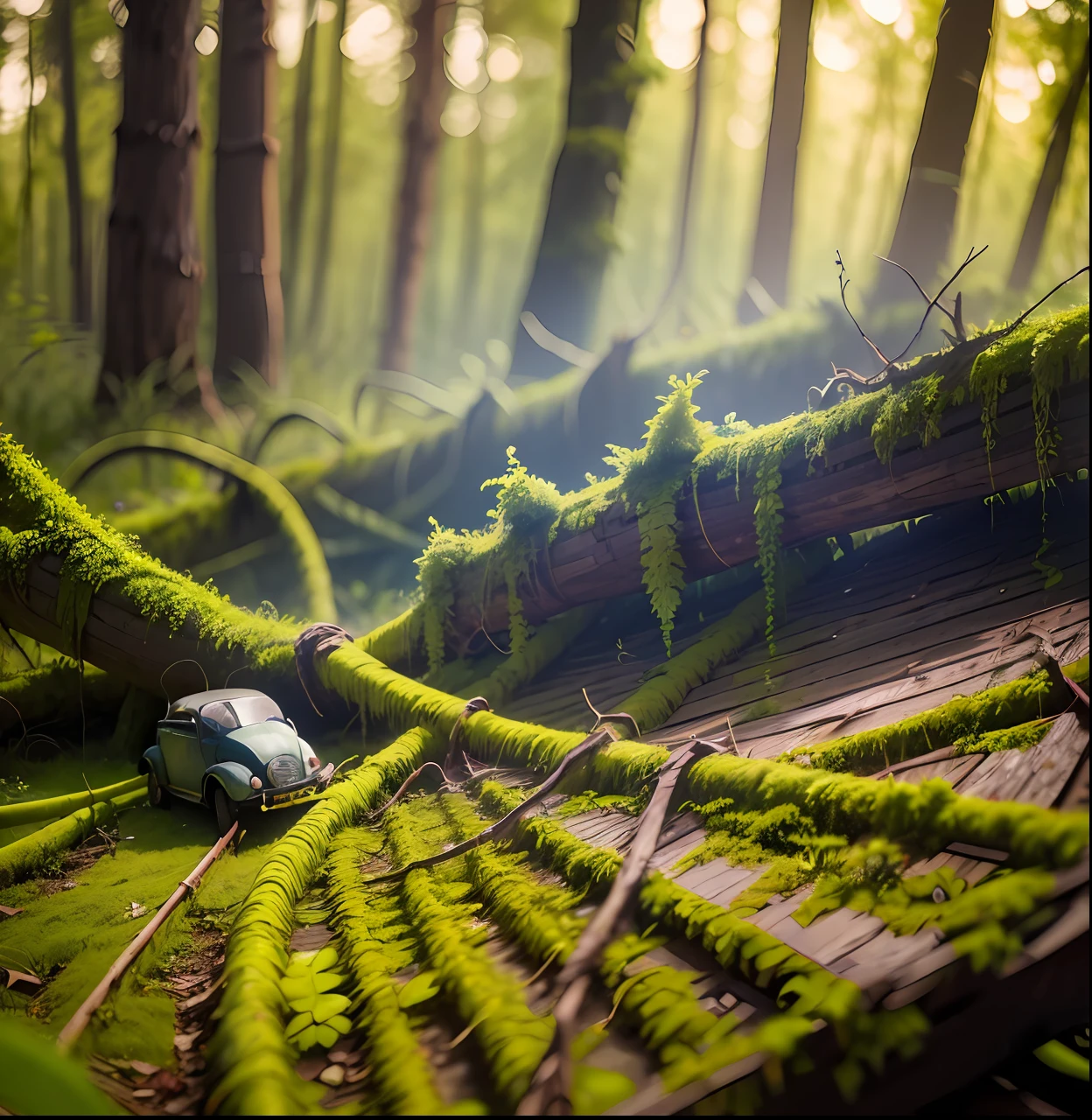 A haunting image of a decaying VW beetle, its partially decayed remains covered in moss and lichen. The large, twisted, leaf-shaped structures beneath the insect resemble twisted rope, and the surrounding forest is bathed in a warm, golden light. The sun casts a warm glow on the scene, illuminating the decaying leaves, highlighting the vivid color and texture of the decaying wood. fast shutter speed, wide aperture, low light --auto --s2