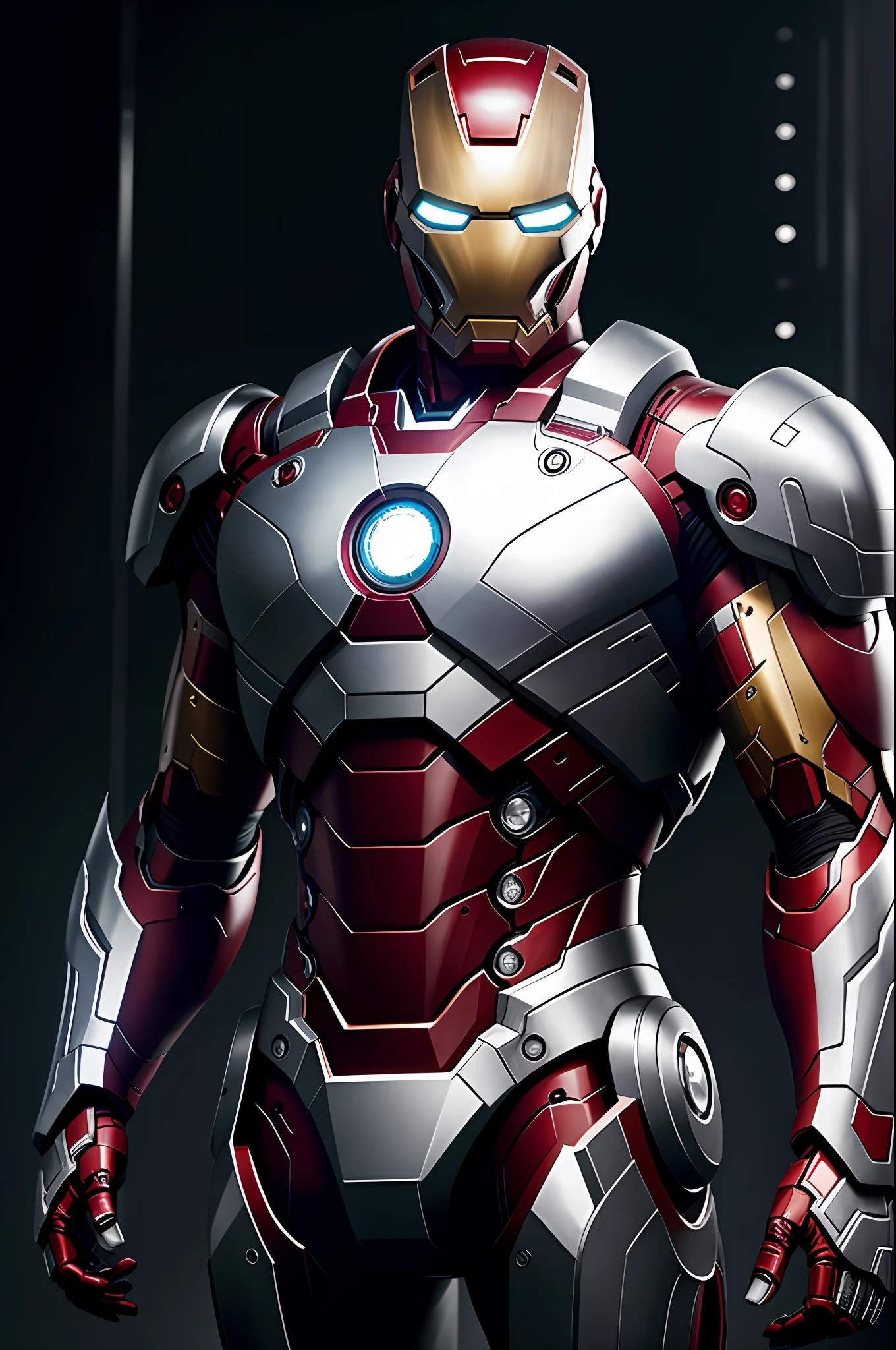 (8k, RAW photo, best quality, masterpiece: 1.2), ultra detailed, authorial art, cyberpunk, photo-realistic: 1.37, upper body shot, ((exclusively black and silver uniform: 1.2)), model, marvel iron man, film grain, action pose, a perfect face, 40 years, intricate details, diffused light, by Marvel
