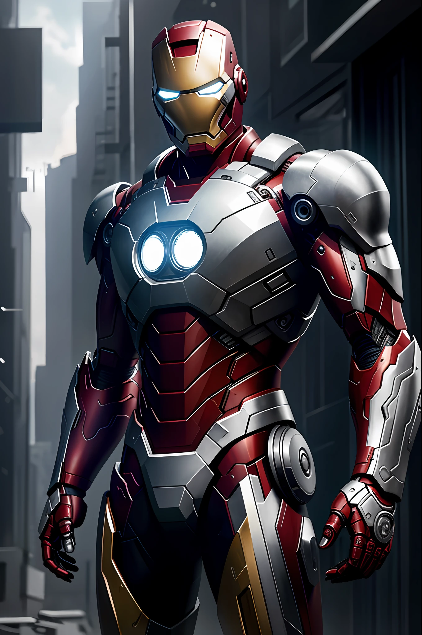 (8k, RAW photo, best quality, masterpiece: 1.2), ultra detailed, authorial art, cyberpunk, photo-realistic: 1.37, upper body shot, ((exclusively black and silver uniform: 1.2)), model, marvel iron man, film grain, action pose, a perfect face, 40 years, intricate details, diffused light, by Marvel