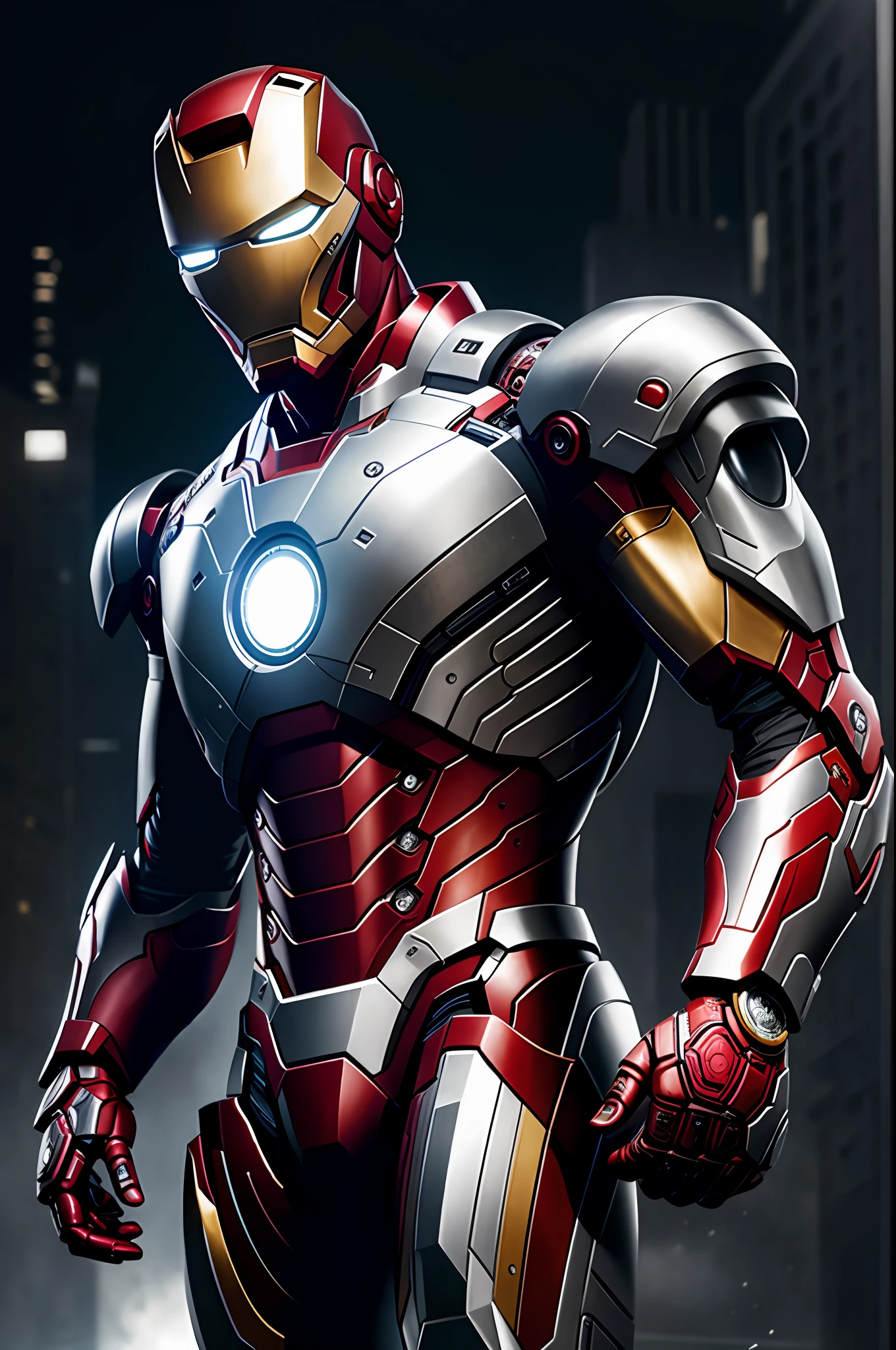 (8k, RAW photo, best quality, masterpiece: 1.2), ultra detailed, authorial art, cyberpunk, photo-realistic: 1.37, upper body shot, ((exclusively black and silver uniform: 1.2)), model, marvel iron man, film grain, action pose, a perfect face, 40 years, intricate details, diffused light, by Marvel