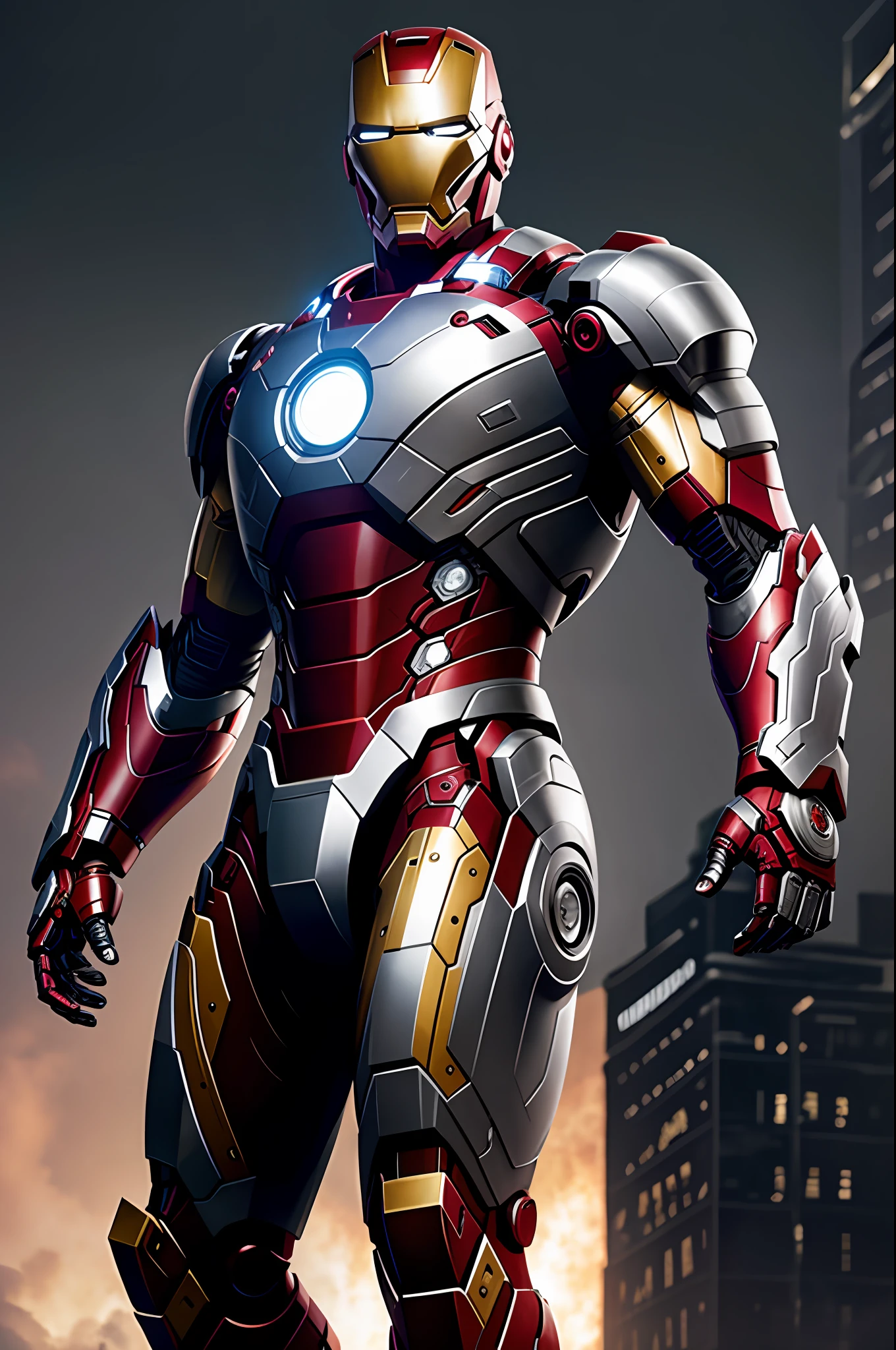(8k, RAW photo, best quality, masterpiece: 1.2), ultra detailed, authorial art, cyberpunk, photo-realistic: 1.37, upper body shot, ((exclusively black and silver uniform: 1.2)), model, marvel iron man, film grain, action pose, a perfect face, 40 years, intricate details, diffused light, by Marvel