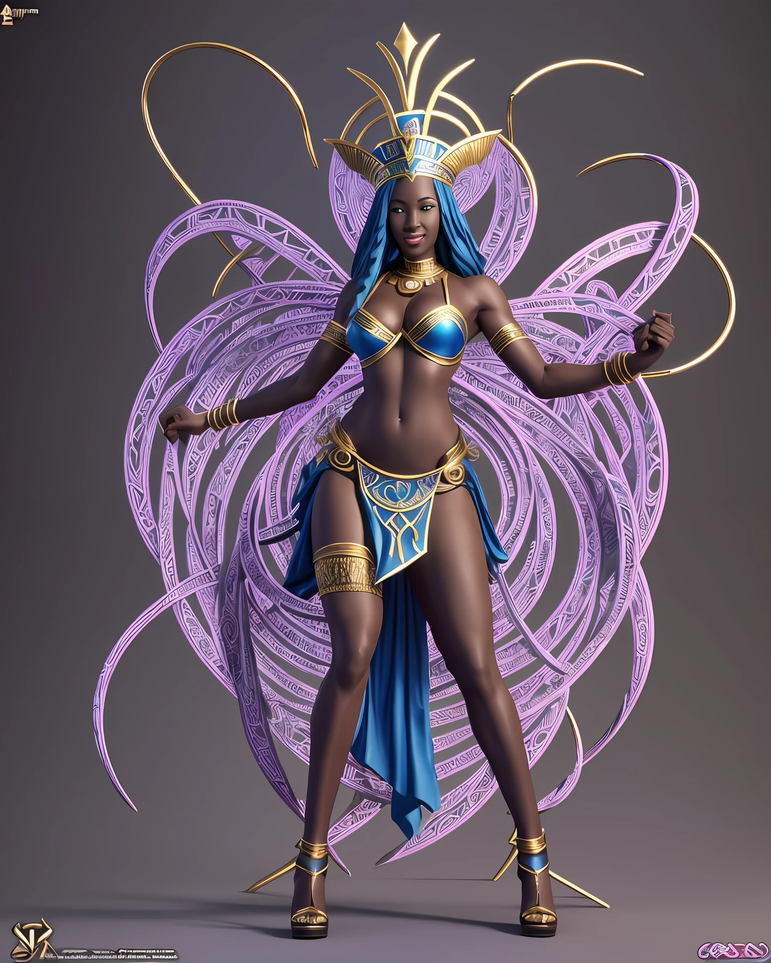 A woman in a blue dress and a pink hat, full body jovial face, Egyptian god storm, (((dark skin))) female goddess of love, epic 3 d oshun, ((Atlantean warrior)), mami wata, epic 3 d yemaya, eldritch horror goddess, kemetic, like an Atlantean, inspired by E. Charlton Fortune, nyarlathotep masterpiece, best quality, ultra-detailed, (((multiple poses and expression))) --auto --s2