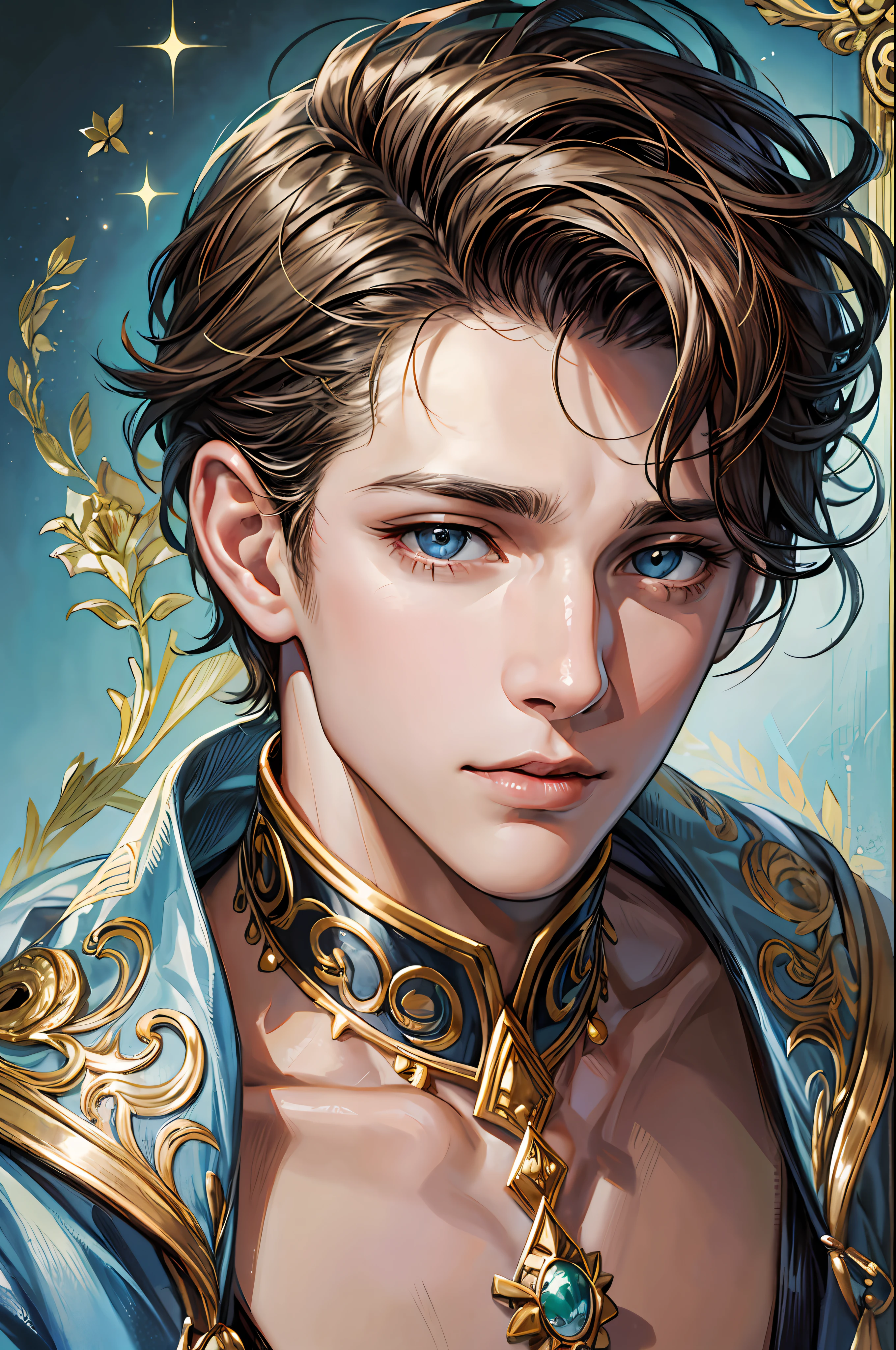 Best image quality, 4k, masterpiece, male, short hair, handsome mature gentle and handsome, godly eyes, exquisite hair, sharp eyes when looking at the camera, face focus, delicate facial features, artistic lighting, portrait painting, face magnification, [elegant demeanor, dignified atmosphere and excellent posture that captures the sight + handsome face + portrait painting effect].