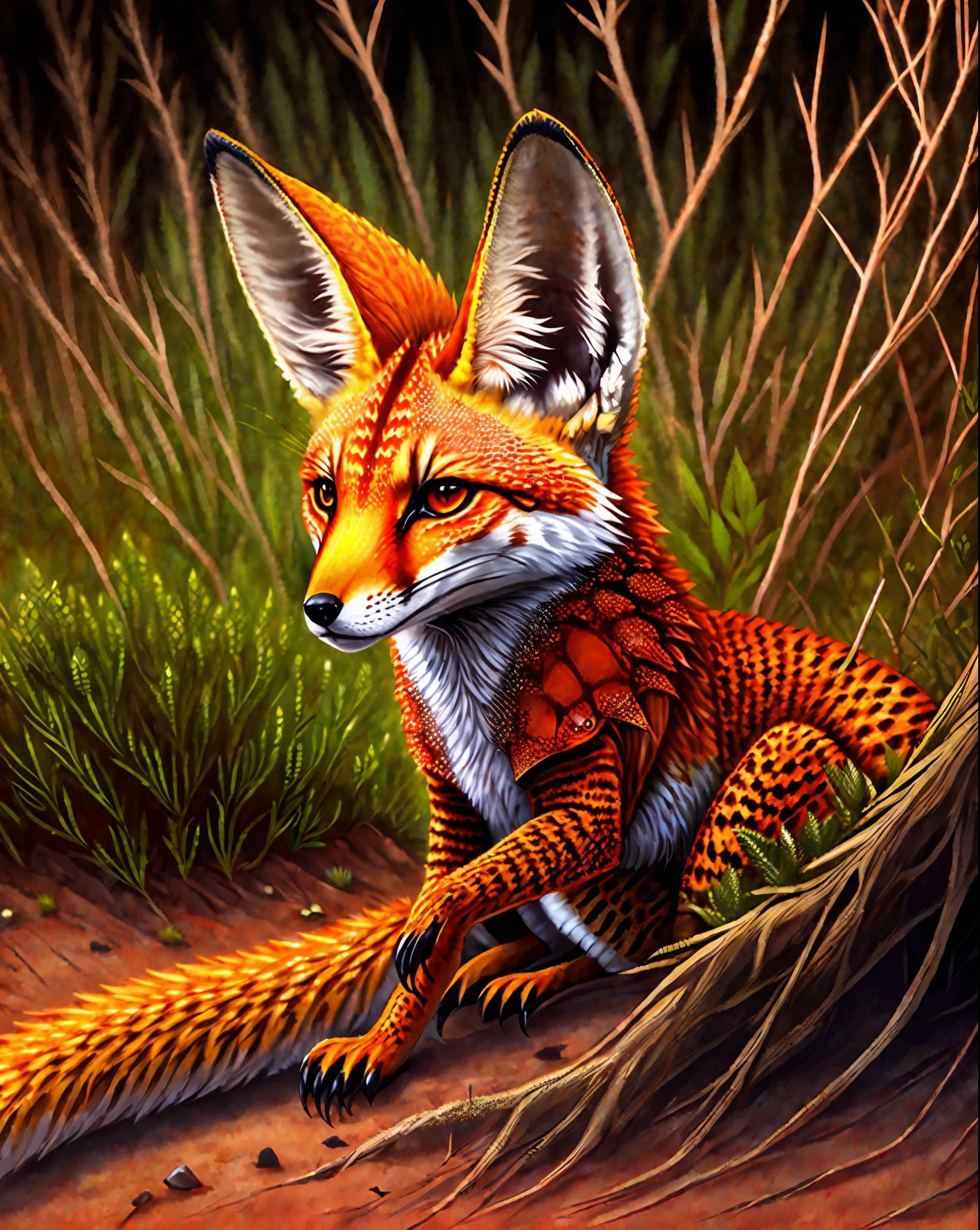 a reptilian red fox, rough scaly skin, thorns, claws, poison