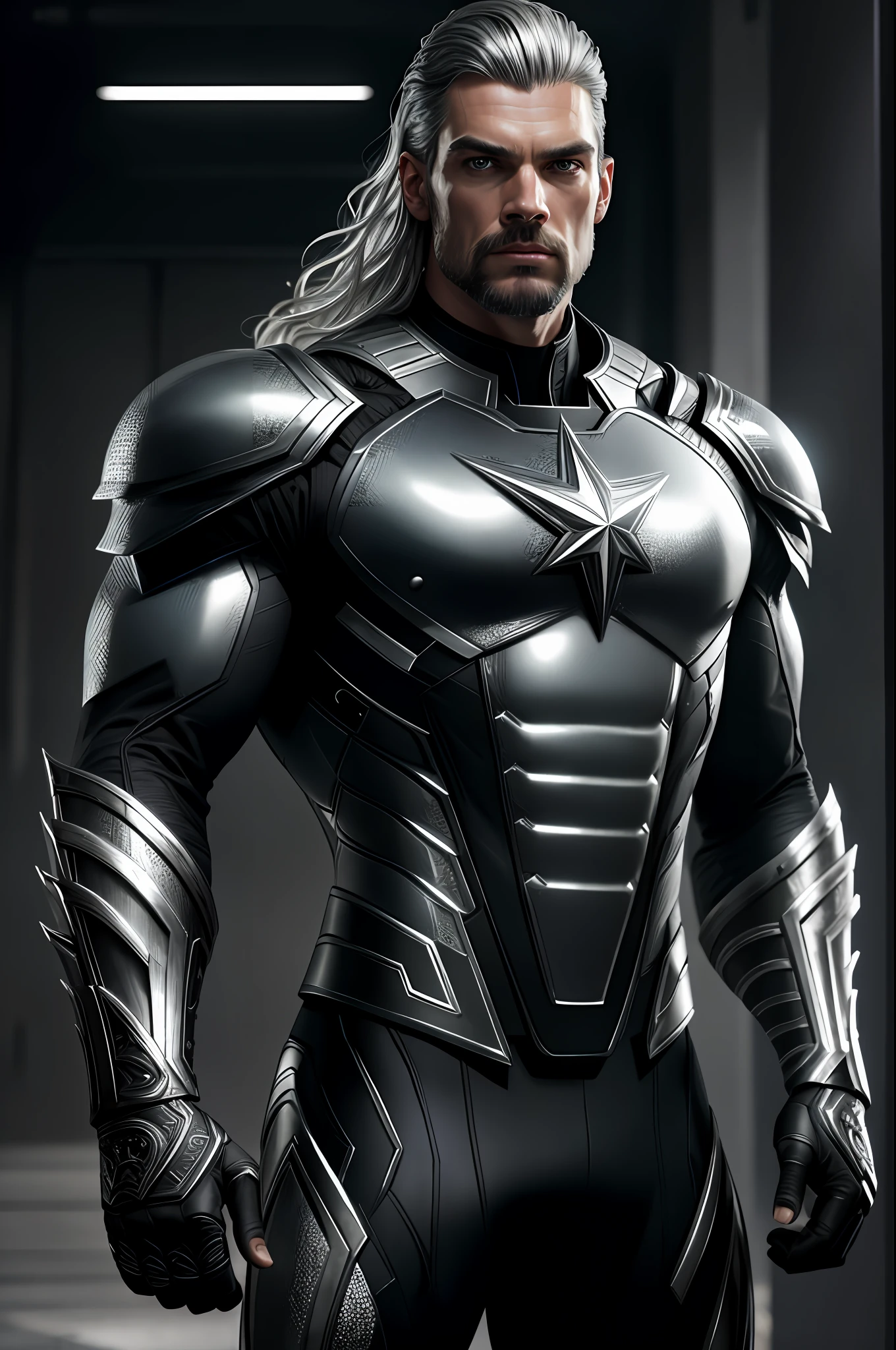 (8k, RAW photo, best quality, masterpiece: 1.2), ultra detailed, authorial art, photo-realistic: 1.37, upper body shot, ((exclusively black and silver uniform: 1.2)), model, marvel aquaman, film grain, action pose, a perfect face, 40 years, intricate details, diffused light, by Marvel