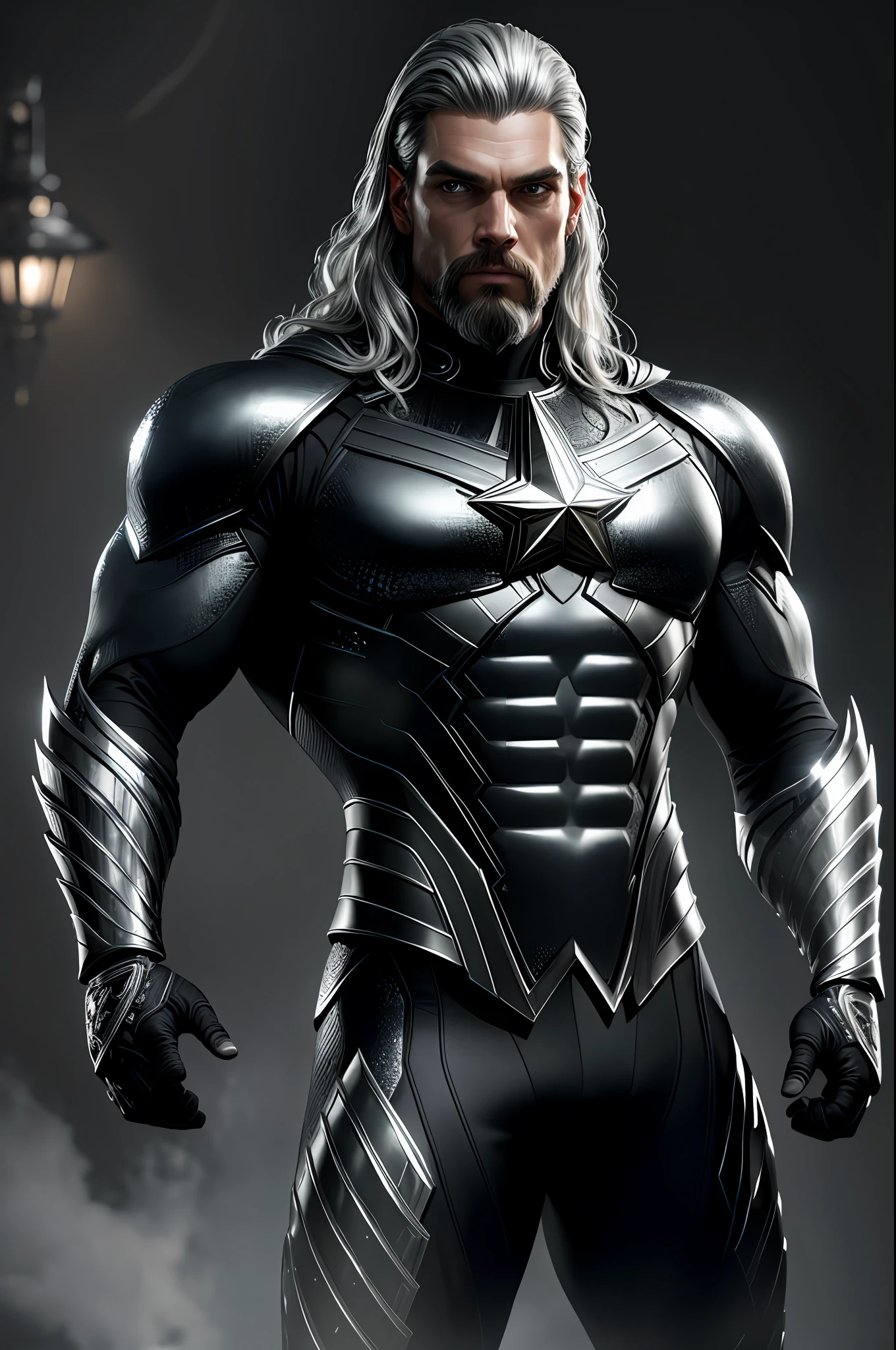 (8k, RAW photo, best quality, masterpiece: 1.2), ultra detailed, authorial art, photo-realistic: 1.37, upper body shot, ((exclusively black and silver uniform: 1.2)), model, marvel aquaman, film grain, action pose, a perfect face, 40 years, intricate details, diffused light, by Marvel