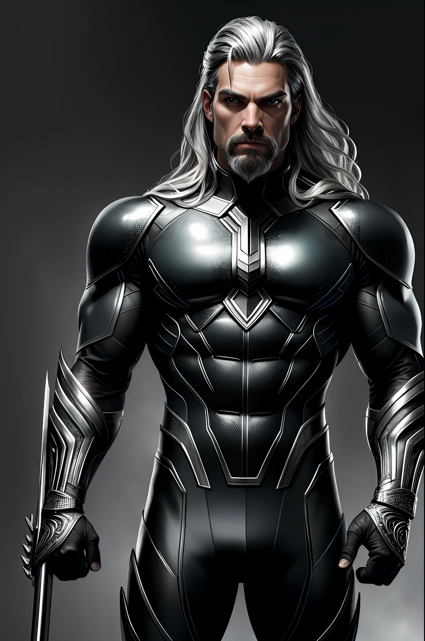 (8k, RAW photo, best quality, masterpiece: 1.2), ultra detailed, authorial art, photo-realistic: 1.37, upper body shot, ((exclusively black and silver uniform: 1.2)), model, marvel aquaman, film grain, action pose, a perfect face, 40 years, intricate details, diffused light, by Marvel