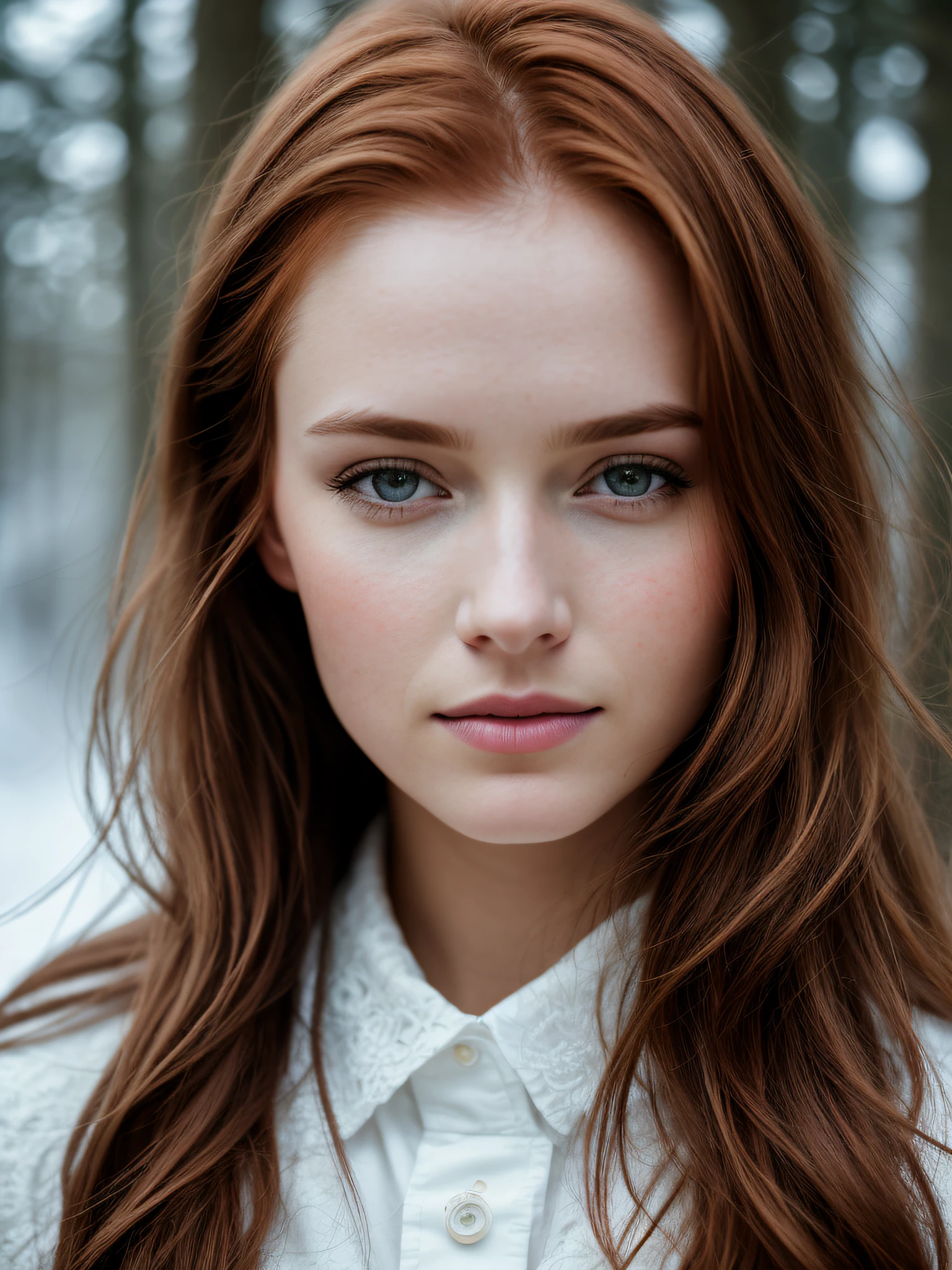 close up of a european woman, ginger hair, winter forest, natural skin texture, 24mm, 4k textures, soft cinematic light, RAW photo, photorealism, photorealistic, intricate, elegant, highly detailed, sharp focus, ((((cinematic look)))), soothing tones, insane details, intricate details, hyperdetailed, low contrast, soft cinematic light, dim colors, exposure blend, hdr, faded