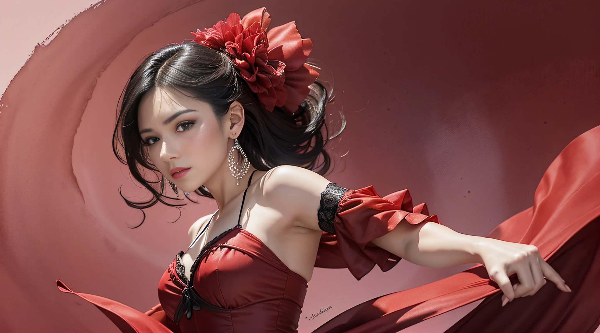 watercolor, top quality, 8K, flamenco dancer, 20 years old, black and red, fantastic, dynamic, lively, dancing, flamenco, bewitching, seductive, clear face, baby face