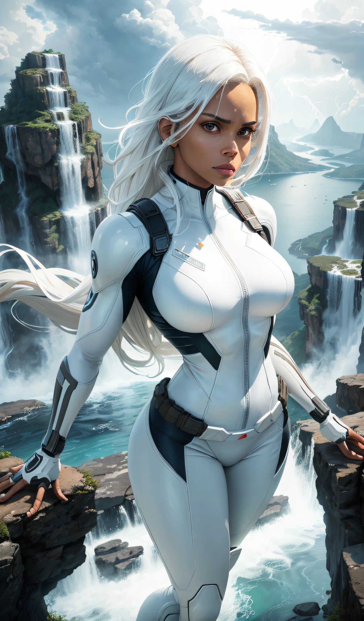 Halle Berry (Masterpiece, 4k resolution, ultra-realistic, very detailed), (White superhero theme, charismatic, there is a girl, brown skin, white eyes, on top of the city, wearing white military bodysuit, she is a superhero), [ ((25 years), (long medium whites:1.2), full body, (white eyes:1.2), ((Storm (X-Men pose)),show of strength, flying), ((paradisiacal waterfall environment):0.8)| (natural landscape, at night, dynamic lights), (lightning falling between the clouds))] # Explanation: The Prompt mainly describes a 4K painting of ultra-high definition, very realistic, very detailed. It shows a superheroine at the top of the city, wearing a White Military bodysuit. The theme in the painting is a white superhero theme, the female protagonist has long white hair, is 25 years old and her entire body is shown in the painting. In terms of portraying the actions of superheroines.