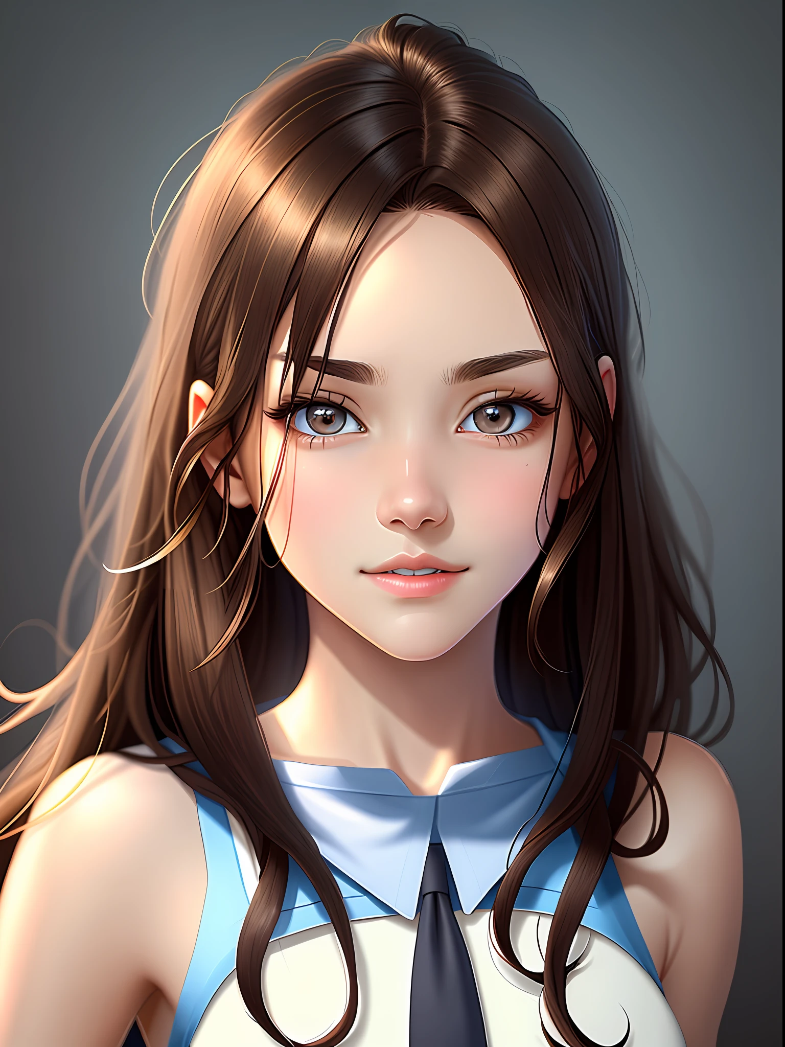 Best quality, high resolution, masterpiece, dark brown hair, brown eyes, white shirt, blue tie, beige skirt, full body,