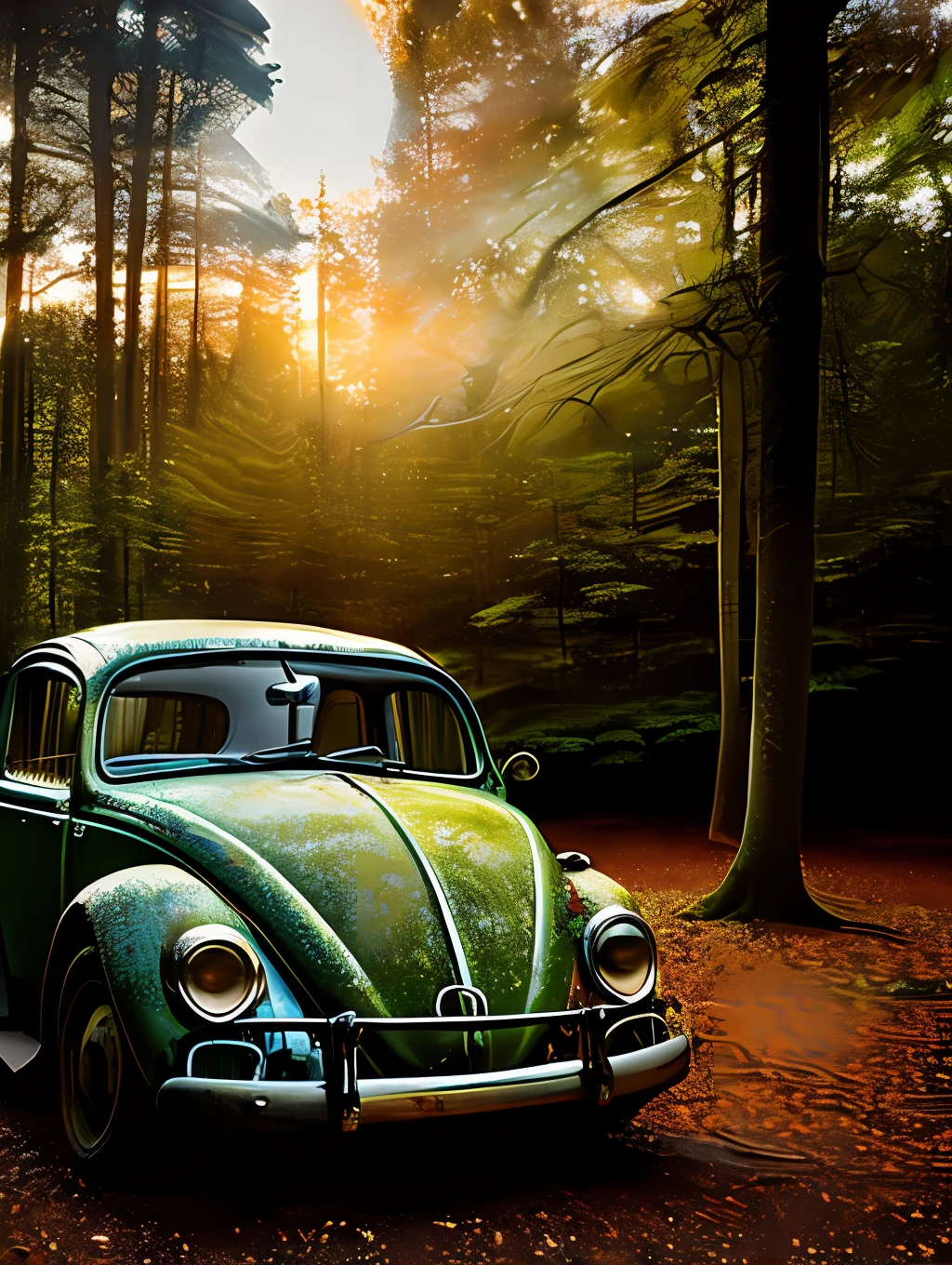 A haunting image of a decaying VW beetle, its partially decayed remains covered in moss and lichen. The large, twisted, leaf-shaped structures beneath the insect resemble twisted rope, and the surrounding forest is bathed in a warm, golden light. The sun casts a warm glow on the scene, illuminating the decaying leaves, highlighting the vivid color and texture of the decaying wood. fast shutter speed, wide aperture, low light