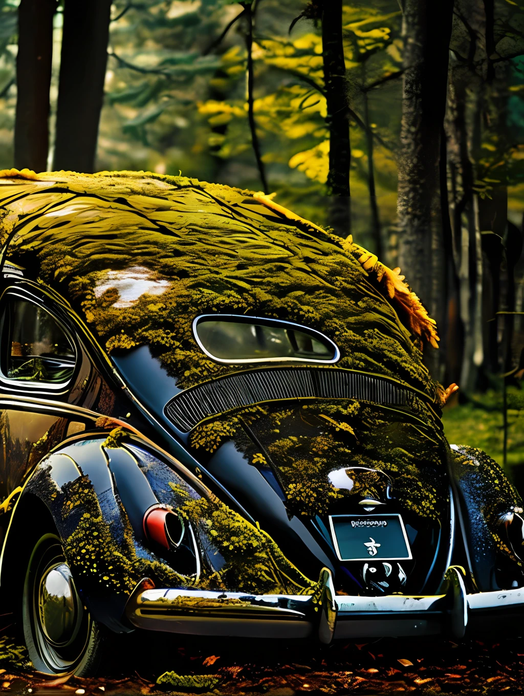 A haunting image of a decaying VW beetle, its partially decayed remains covered in moss and lichen. The large, twisted, leaf-shaped structures beneath the insect resemble twisted rope, and the surrounding forest is bathed in a warm, golden light. The sun casts a warm glow on the scene, illuminating the decaying leaves, highlighting the vivid color and texture of the decaying wood. fast shutter speed, wide aperture, low light