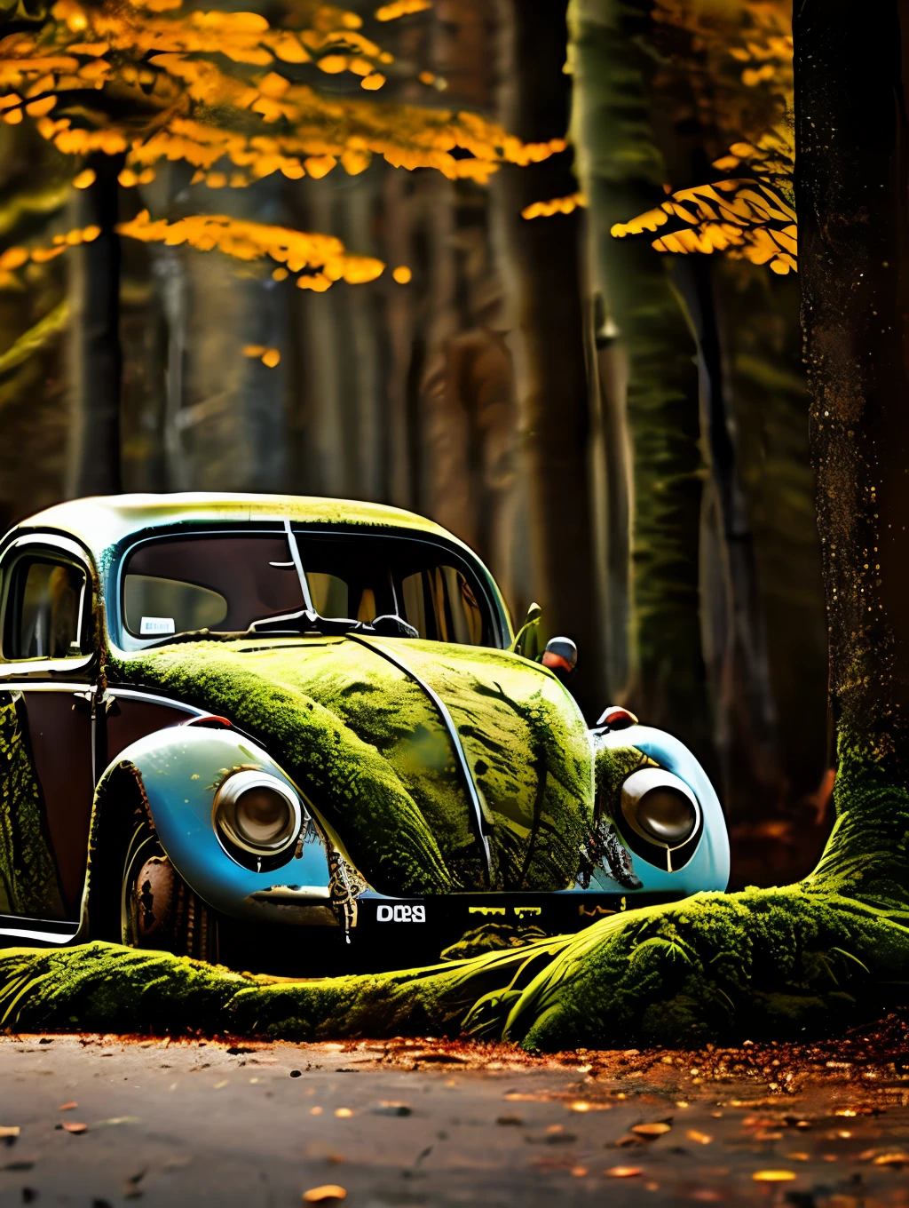 A haunting image of a decaying VW beetle, its partially decayed remains covered in moss and lichen. The large, twisted, leaf-shaped structures beneath the insect resemble twisted rope, and the surrounding forest is bathed in a warm, golden light. The sun casts a warm glow on the scene, illuminating the decaying leaves, highlighting the vivid color and texture of the decaying wood. fast shutter speed, wide aperture, low light