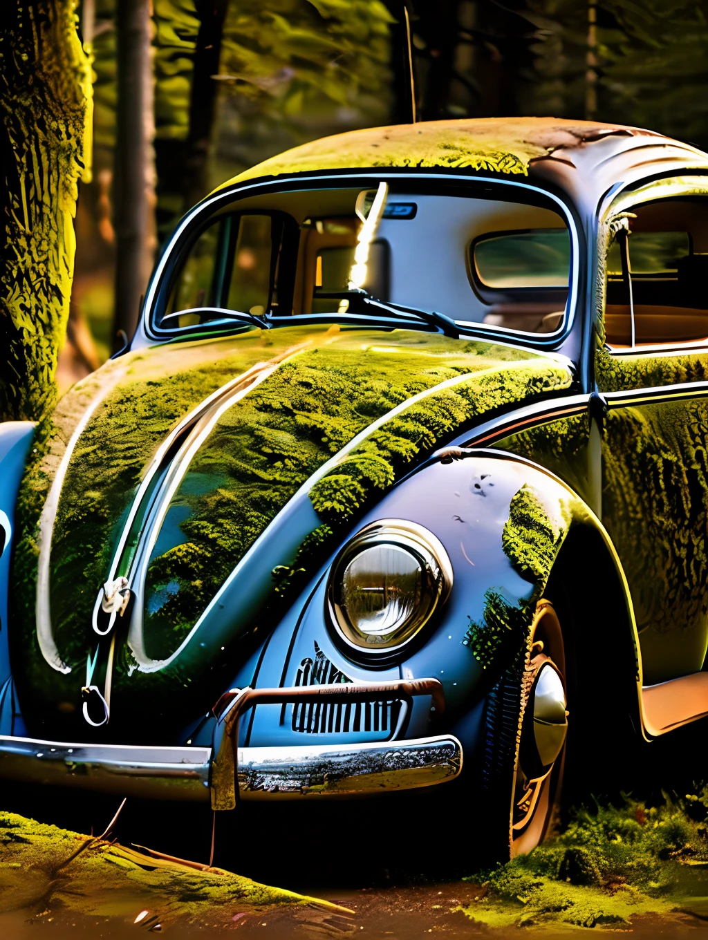 A haunting image of a decaying VW beetle, its partially decayed remains covered in moss and lichen. The large, twisted, leaf-shaped structures beneath the insect resemble twisted rope, and the surrounding forest is bathed in a warm, golden light. The sun casts a warm glow on the scene, illuminating the decaying leaves, highlighting the vivid color and texture of the decaying wood. fast shutter speed, wide aperture, low light