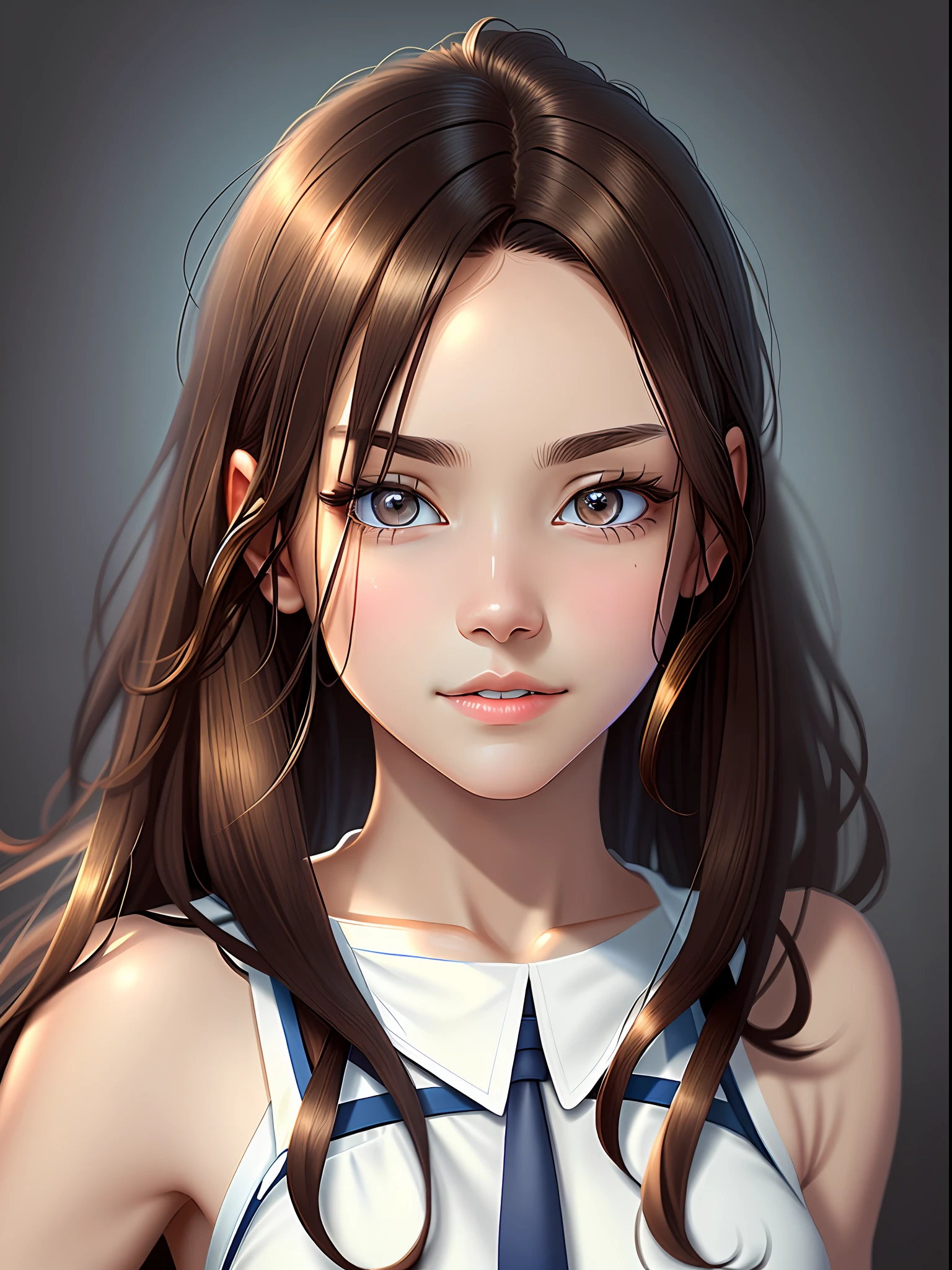 Best quality, high resolution, masterpiece, dark brown hair, brown eyes, white shirt, blue tie, beige skirt, full body,