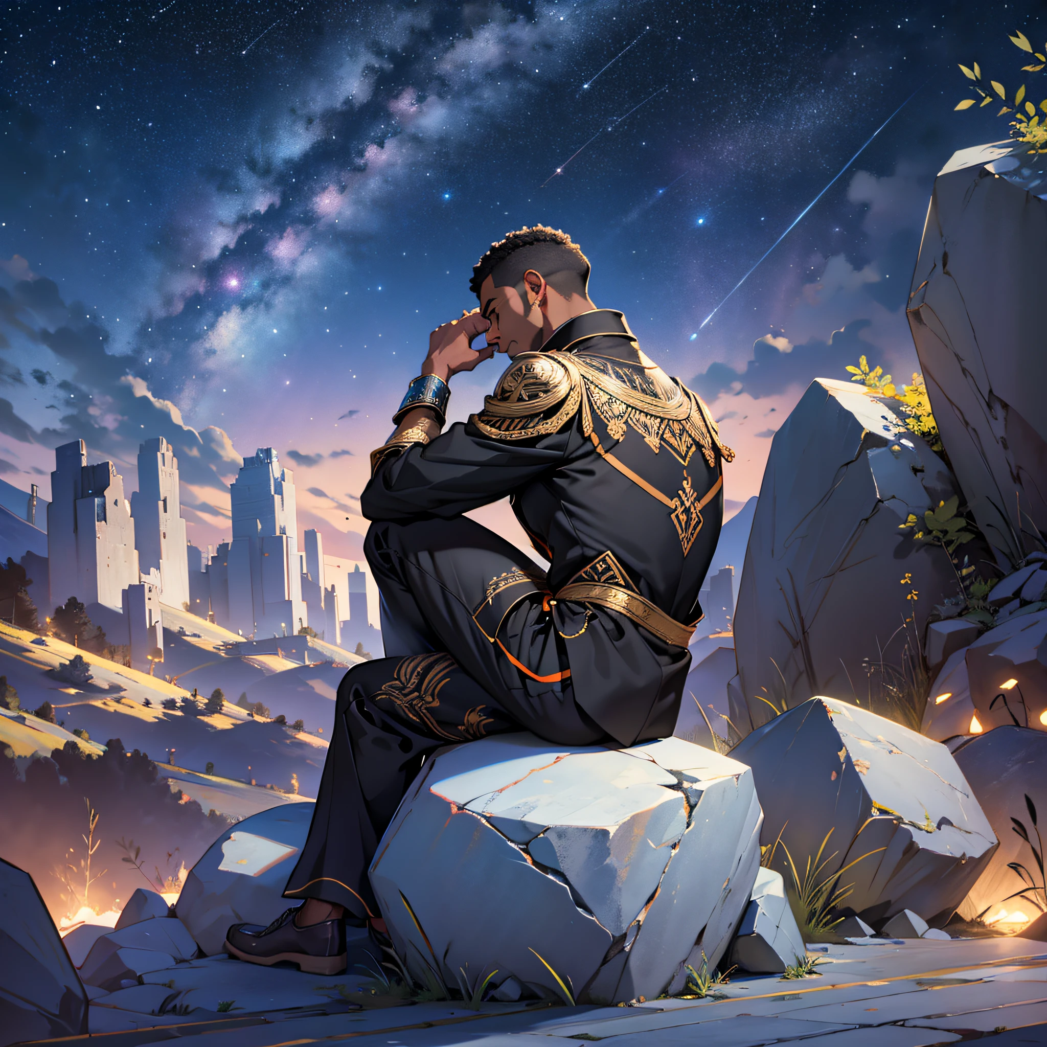 BLACK MAN SITTING ON SIMA OF A STONE LOOKING AT THE STARS --auto --s2