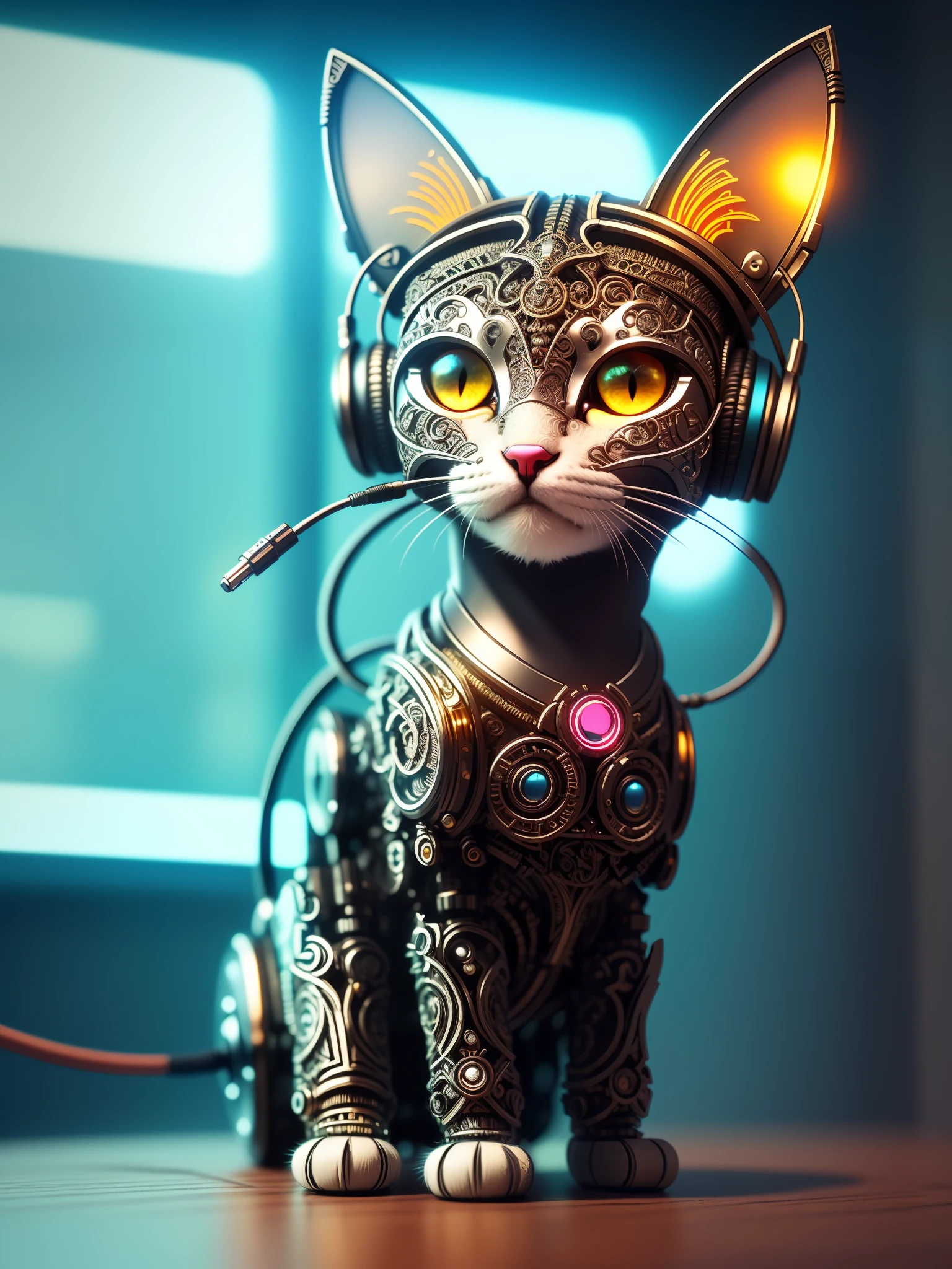 A cute kitten made of metal, cyborg, cyberpunk style, (((intricate details)), hdr, ((intricate details, hyperdetailed)), cinematic shot, vignette, headphone