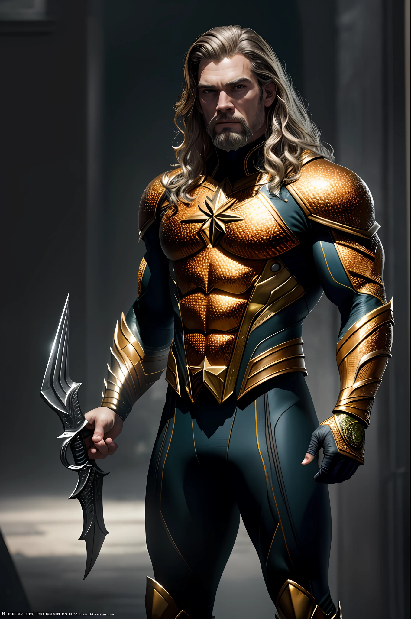 (8k, RAW photo, best quality, masterpiece: 1.2), ultra detailed, authorial art, photo-realistic: 1.37, upper body shot, ((original uniform: 1.2)), model, marvel aquaman, film grain, action pose, a perfect face, 40 years, intricate details, diffused light, by Marvel