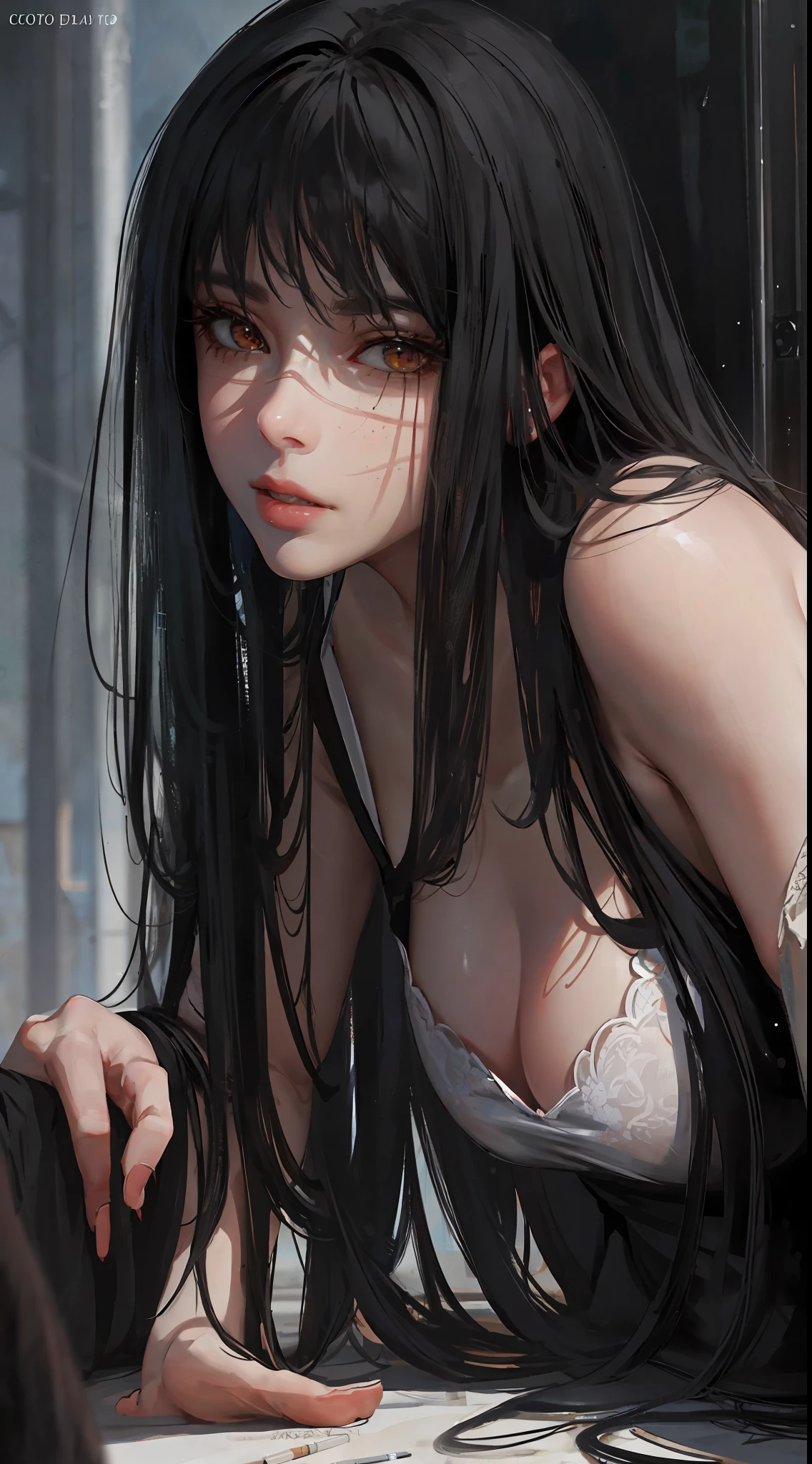 photorealistic, lip gloss, realistic, best quality, ultra high resolution, depth, pastel color, natural shading, focus on the face, just the face, looking at the viewer, long hair, black hair, brown and well-detailed eyes, black clothing