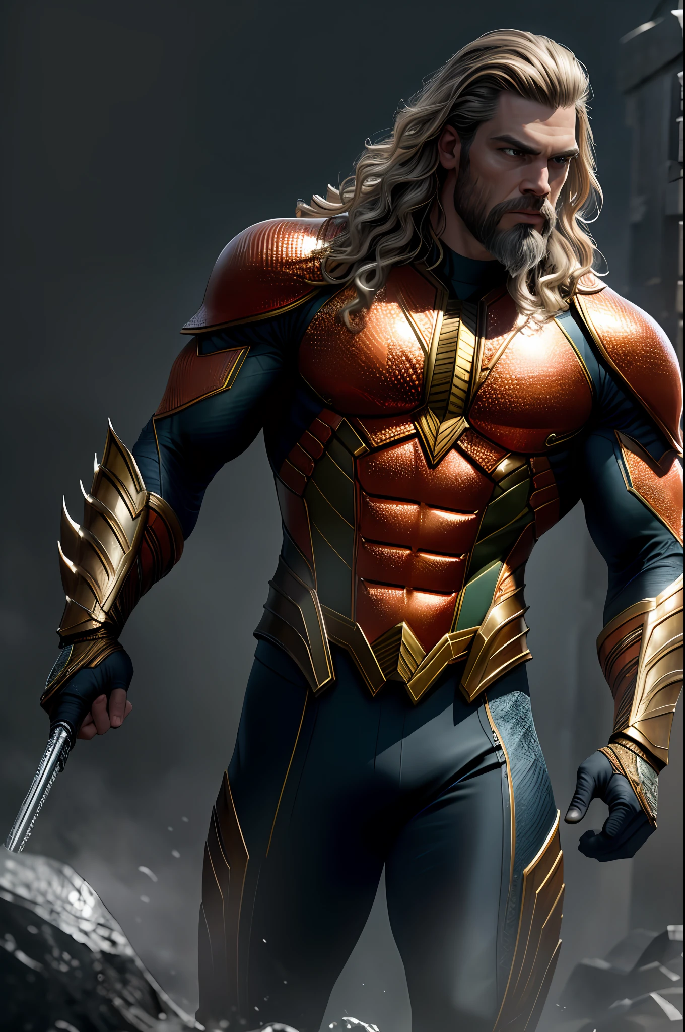 (8k, RAW photo, best quality, masterpiece: 1.2), ultra detailed, authorial art, photo-realistic: 1.37, upper body shot, ((original uniform: 1.2)), model, marvel aquaman, film grain, action pose, a perfect face, 40 years, intricate details, diffused light, by Marvel