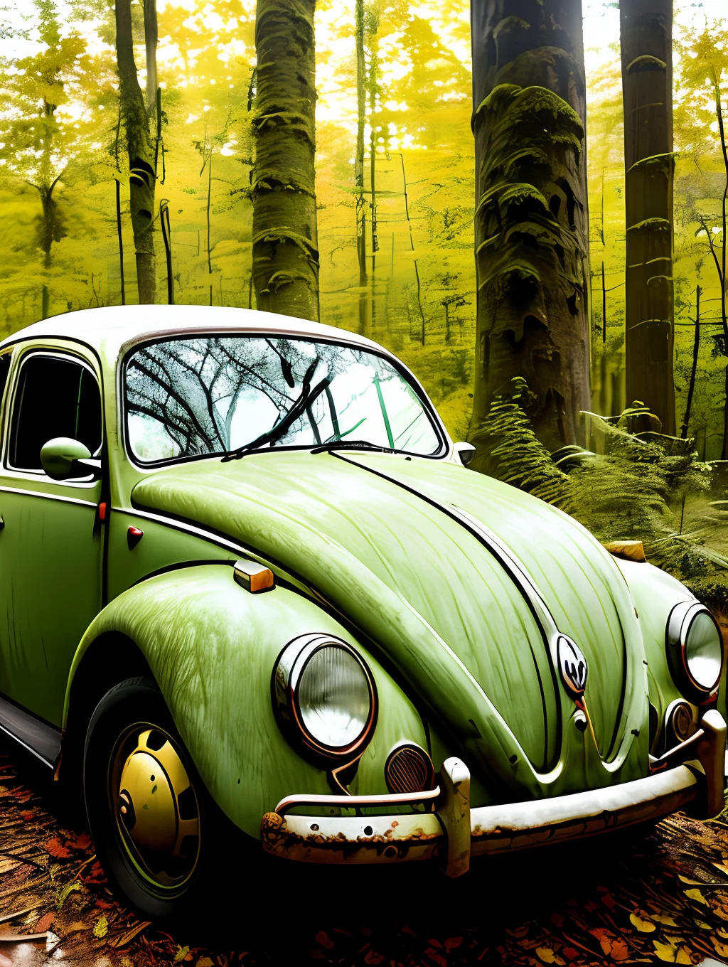 A haunting image of a decaying red VW beetle, its partially decayed remains covered in moss and lichen. The large, twisted, leaf-shaped structures beneath the insect resemble twisted rope, and the surrounding forest is bathed in a warm, golden light. The sun casts a warm glow on the scene, illuminating the decaying leaves, highlighting the vivid color and texture of the decaying wood. fast shutter speed, wide aperture, low light