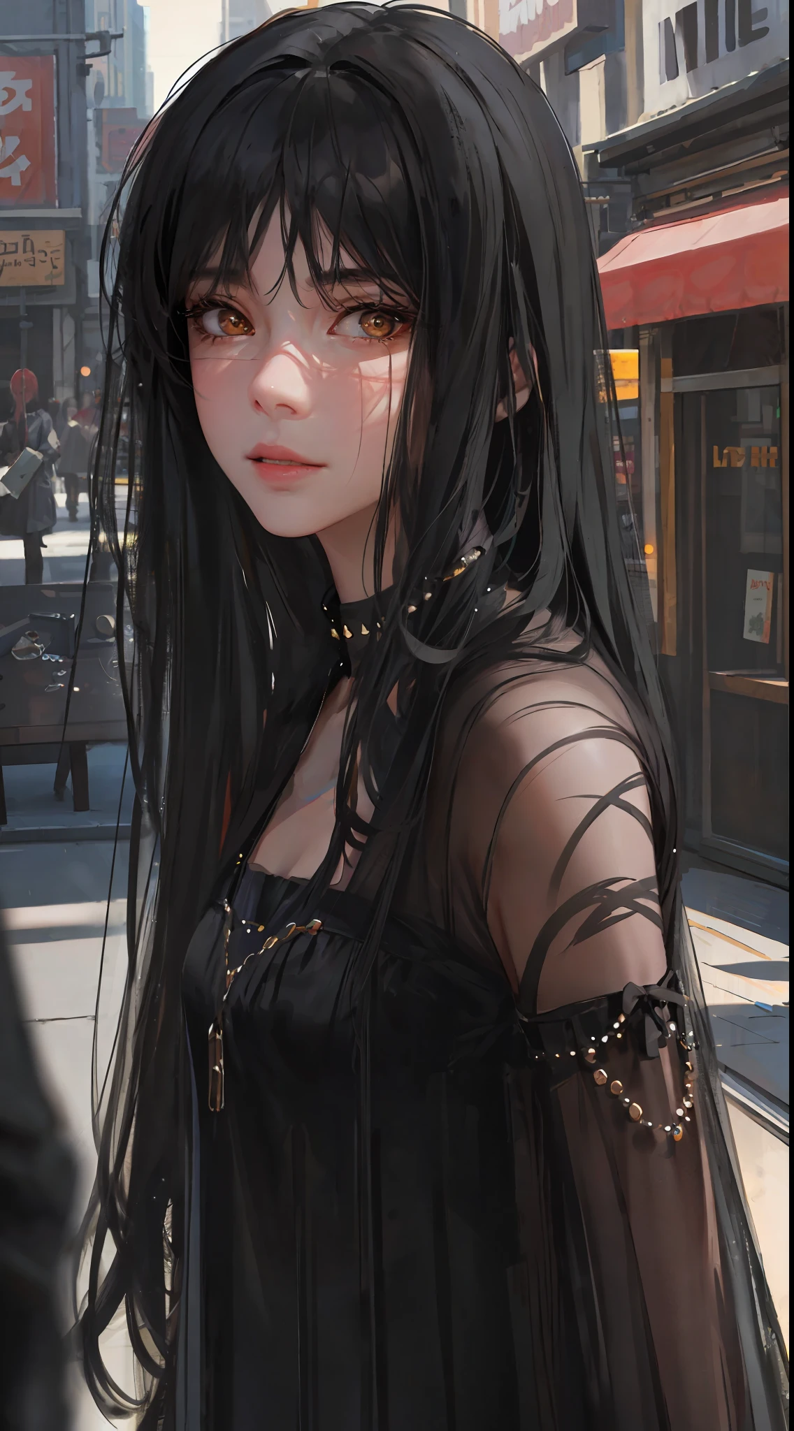 photorealistic, lip gloss, realistic, best quality, ultra high resolution, depth, pastel color, natural shading, focus on the face, just the face, looking at the viewer, long hair, black hair, brown and well-detailed eyes, black clothing