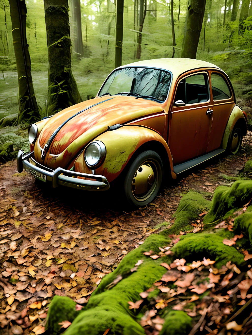 A haunting image of a decaying red VW beetle, its partially decayed remains covered in moss and lichen. The large, twisted, leaf-shaped structures beneath the insect resemble twisted rope, and the surrounding forest is bathed in a warm, golden light. The sun casts a warm glow on the scene, illuminating the decaying leaves, highlighting the vivid color and texture of the decaying wood. fast shutter speed, wide aperture, low light