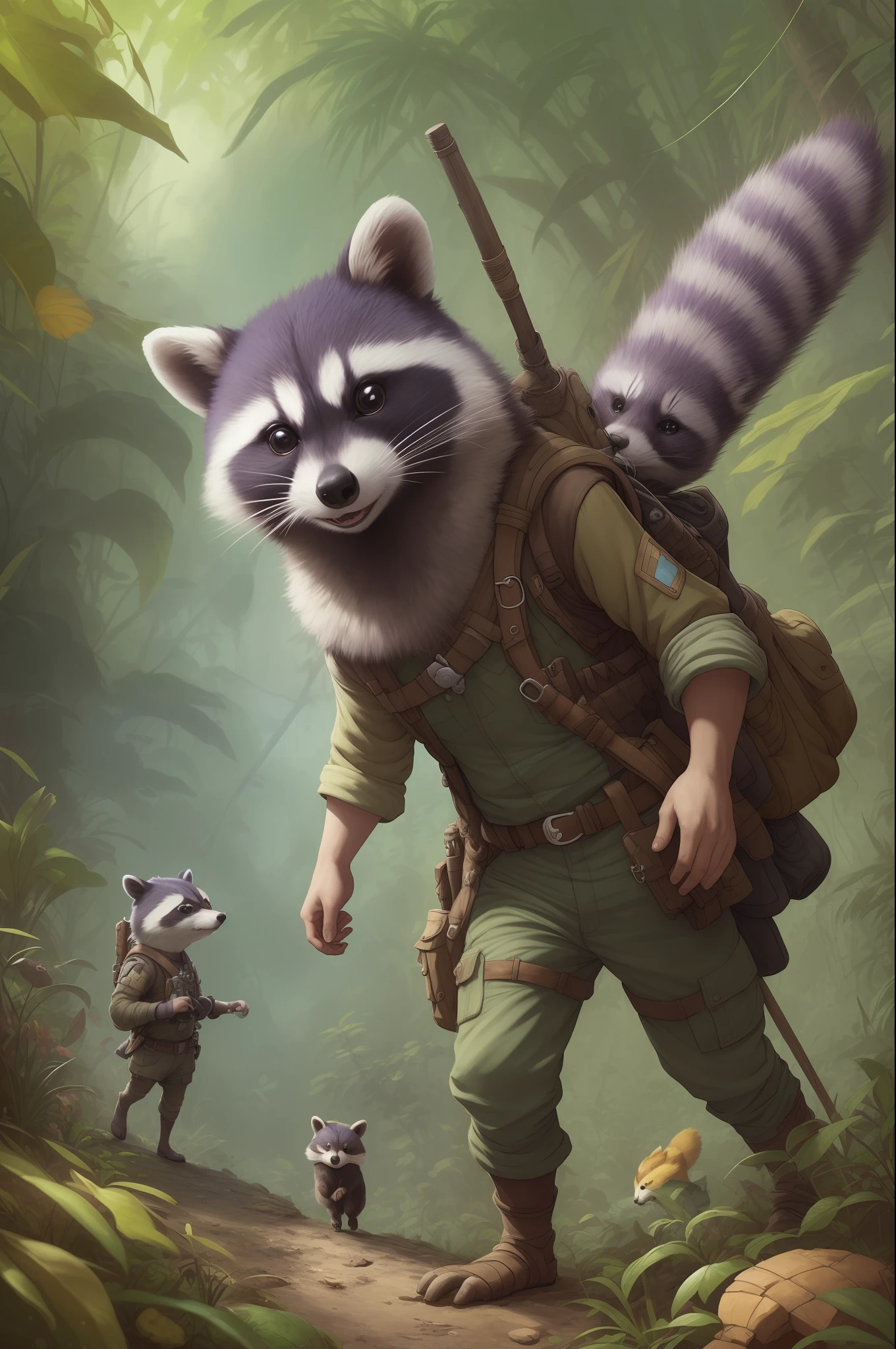 cute racoon adventurer walk in wild colorfully jungle, oversaturated, by Jean-Baptiste Monge, Gilles Beloeil, Tyler Edlin, Marek Okon, Pixar, 8k, album art, comic style, golden ratio, perfect composition, a masterpiece, trending on artstation, purple fur