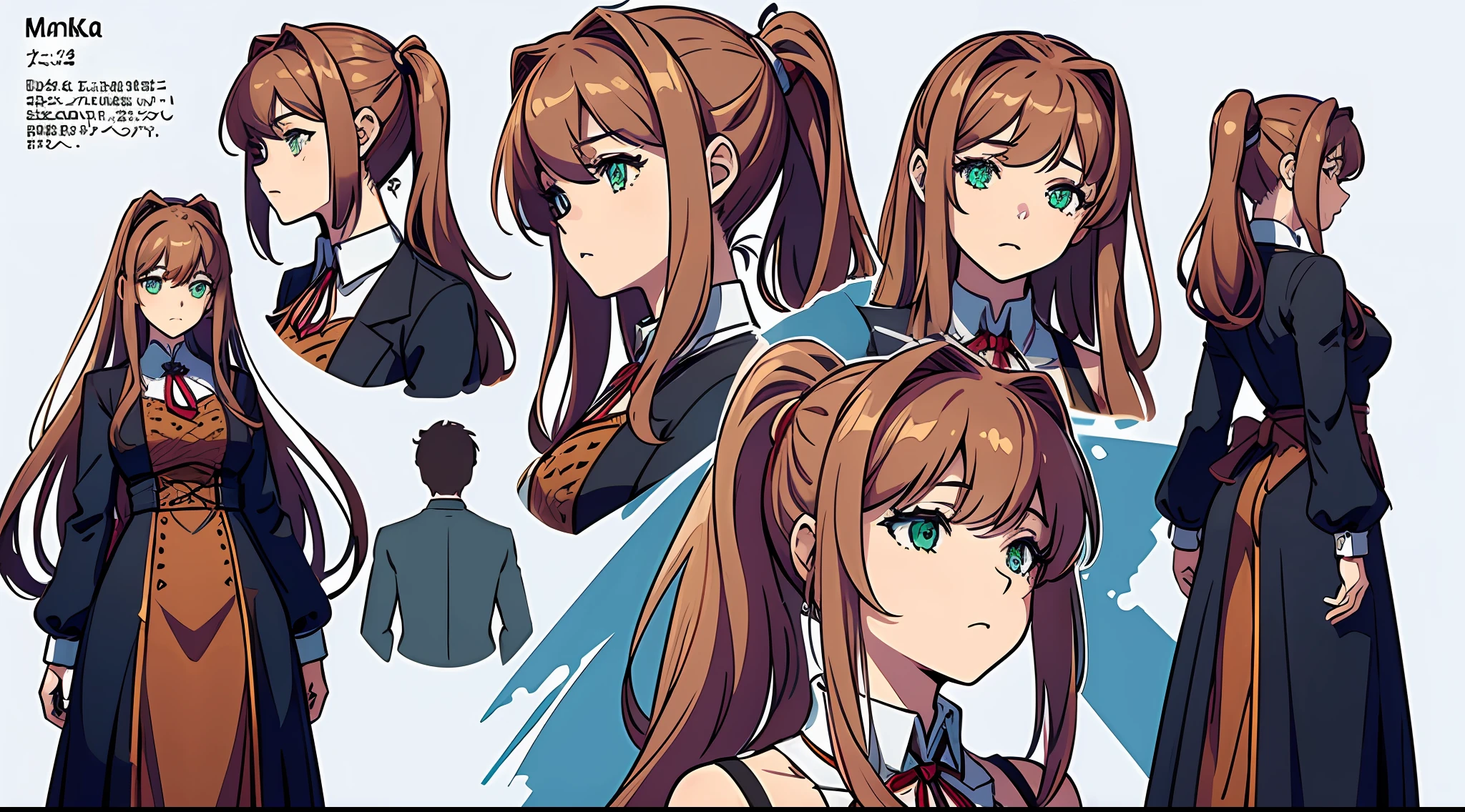 monika_\(Doki Doki Literature Club\), ornate dress, ((character turnarounds)), ((masterpiece)),(((best quality))),(character design sheet, same character, front, side, back), perfect anatomy, detailed hands, illustration, 1 girl, hair color, monika, very long hair, brown hair, ponytail, green eyes, hair accesories, (simple background, white background: 1.3), High resolution, 8K, clear, good lighting, detailed, extremely detailed, sharp focus, intricate, beautiful, realistic+++, complementary colors, high quality, hyper detailed, masterpiece, best quality, artstation, stunning