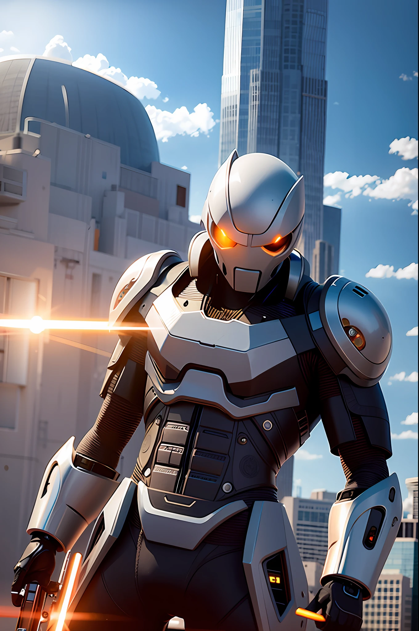 "sky, cloud, holds_weapon, no_human, glowing, robot, building, radiant_eyes, mech, sci-fi, cityscape, realistic, mechanical"