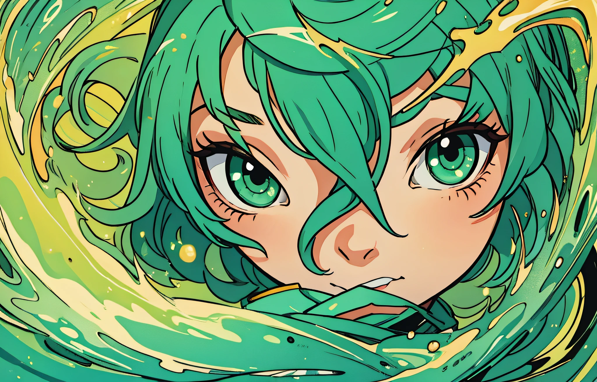 Anime art.green A woman's eye covered by her hand