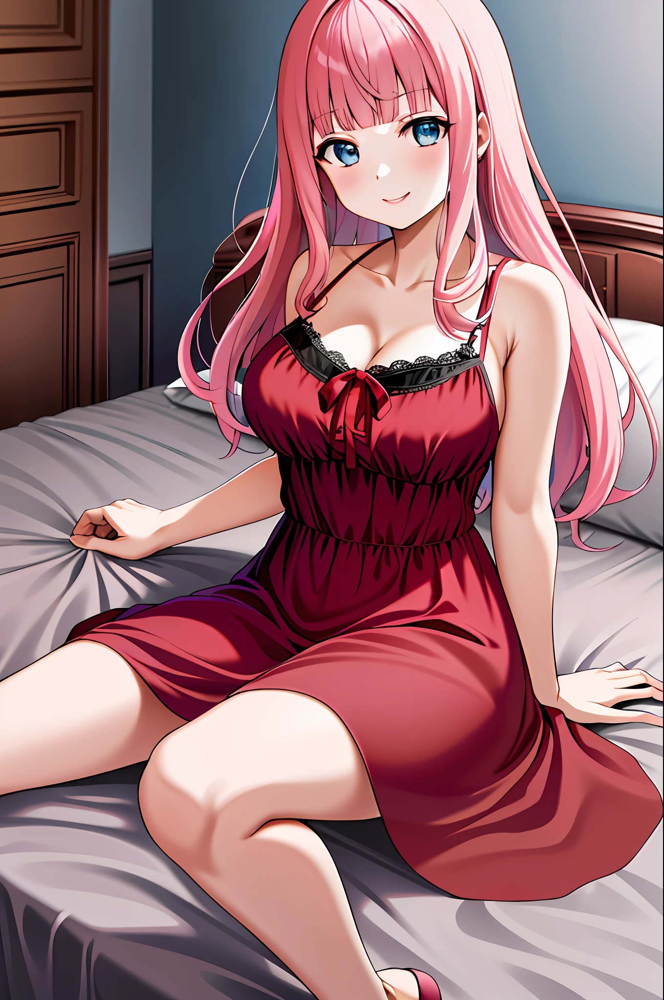 masterpiece, best quality, highres, chika1, fujiwara chika, night dress, lace lingerie, breast out, red ribbon, blunt bangs, neck ribbon, collarbone, collared dress, large breasts, smile, bed, bedroom, sexy pose, sit, spread arm,