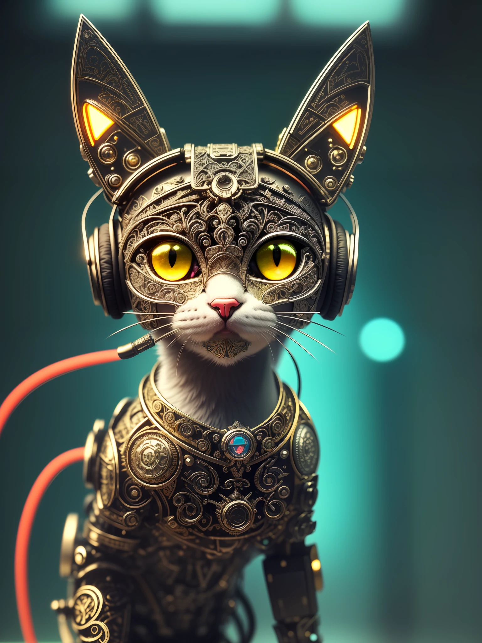A cute kitten made of metal, cyborg, cyberpunk style, (((intricate details)), hdr, ((intricate details, hyperdetailed)), cinematic shot, vignette, headphone