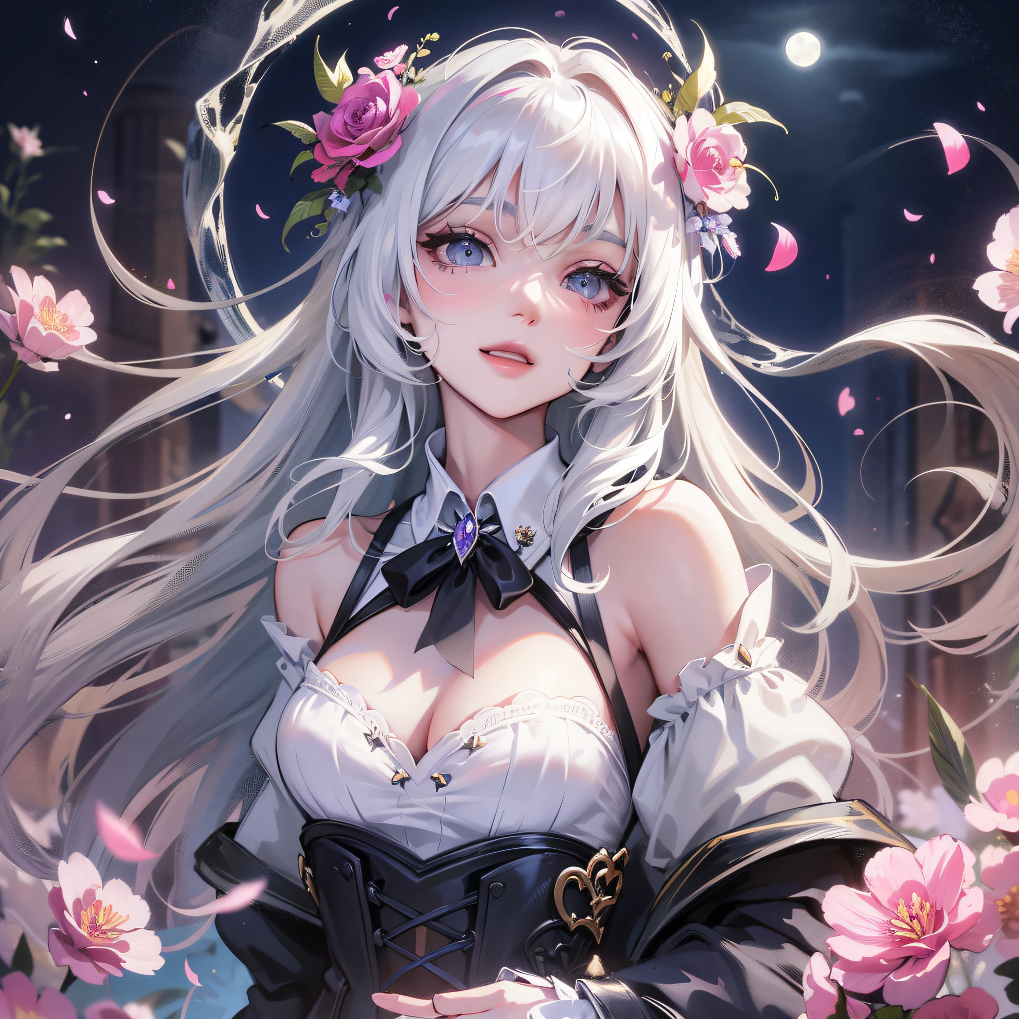 masterpiece,best quality,1girl,(color),(finely detailed beautiful eyes and detailed face),cinematic lighting,bust photo,extremely detailed 8k cg unit wallpaper,white hair,solo,smile,intricate skirt,((flying petal)) ,(flowery meadow) sky, céu_nublado, construction, moonlight, moon, night, (dark theme: 1.3), light, fantas