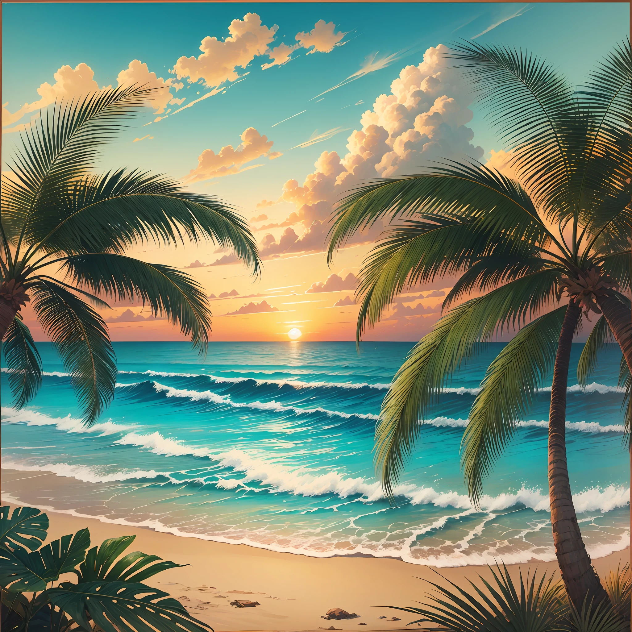 a picture of a painting of two palm trees on a beach, palm trees james gurney, tropical palms, an abstract tropical landscape, tropical atmosphere, the palms come from the depths, endless summer art, tropics, tropical, coconut palms, tropical background, sunset --auto --s2