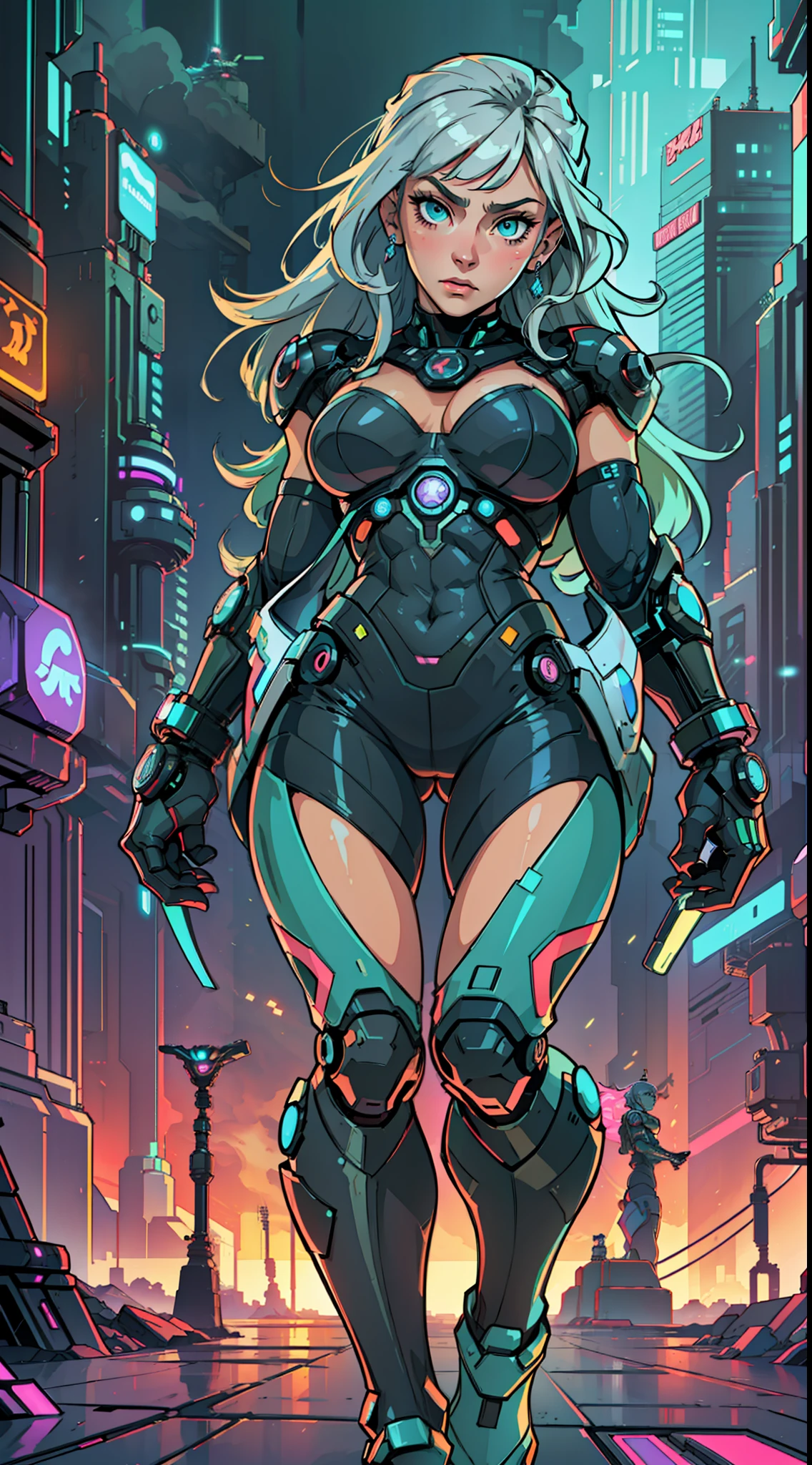 Full body character, real body proportions, full body, perfect anatomy, beautiful girl, wearing cybernetic suit, cyberpunk background, beautiful beautiful girl detailed face, symmetrical, charming, conquered expression, detailed body, gorgeous girl, anime style, realistic girl, realistic photo, realistic eyes, beautiful skin, long silver hair with bangs, model, light blue-green gradient, high detail eyes, masterpiece, high quality, high resolution, HD, 8K, movie composition, futuristic, steam wave, synthwave , exquisite, Unreal Engine 5, gorgeous, ultra-detailed, edge-lit --auto --s2