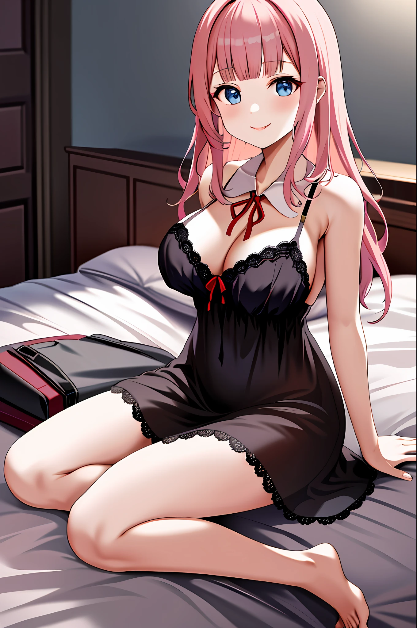 masterpiece, best quality, highres, chika1, fujiwara chika, night dress, lace lingerie, breast out, red ribbon, blunt bangs, neck ribbon, collarbone, collared dress, large breasts, smile, bed, bedroom, sexy pose, sit, spread arm,