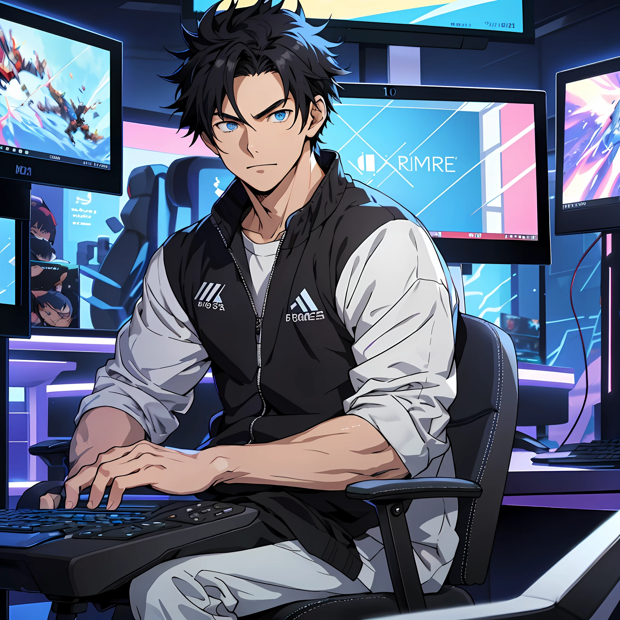 Best quality: 1.0), (Super High Resolution: 1.0), Anime boy, short black hair, blue eyes, sitting in front of computer playing games, background in esports room,