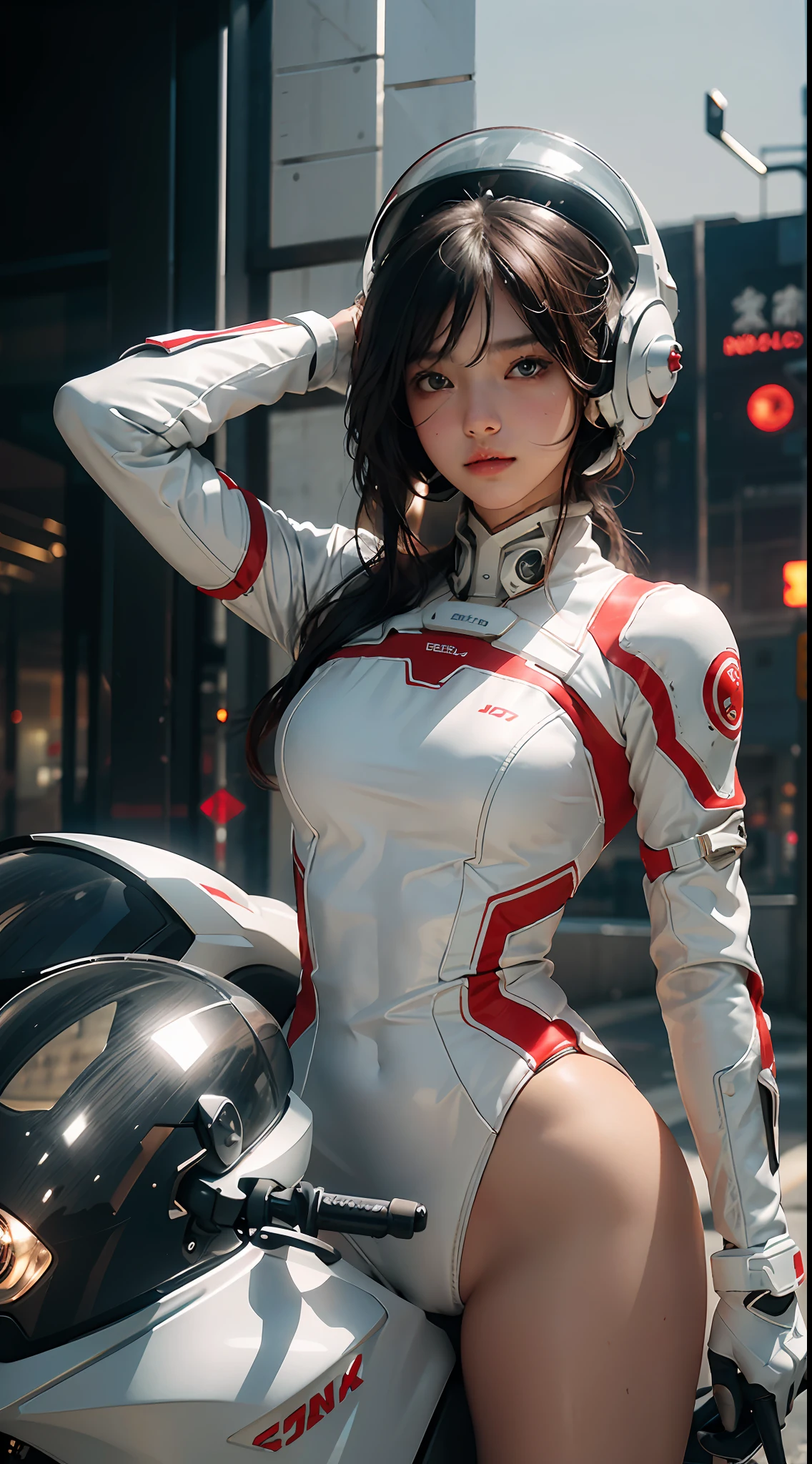 Best image quality, outstanding detail, ultra-high resolution, (realism: 1.4), best illustration, prefer details, highly condensed 1girl, delicate and beautiful face, dressed in white and red mecha, wearing a full-face helmet, holding a direction controller, riding an EV motorcycle, the background is a high-tech lighting scene of a futuristic city.