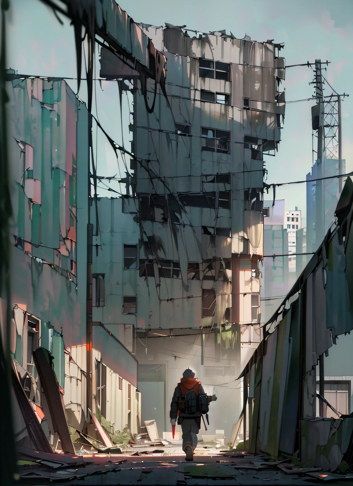 (((8k, RAW photo, best quality, masterpiece:1.4)))), ultra high resolution, ultra detailed, realistic, person walking in abandoned streets,, post apocalyptic city, bush growing through the streets, night, , destroyed buildings
